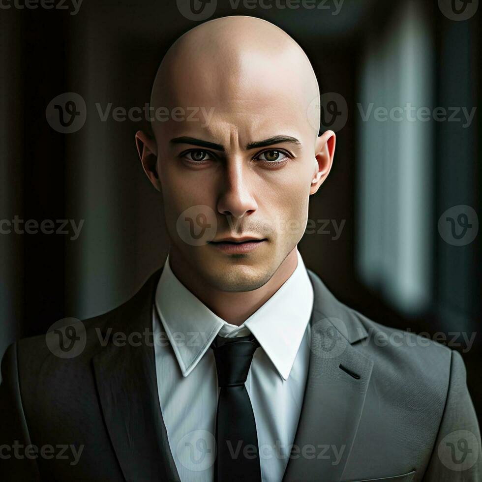 AI generated Confident Young Adult Businessman in Formal Wear with Shaved Head and Tuxedo Looking at Camera photo