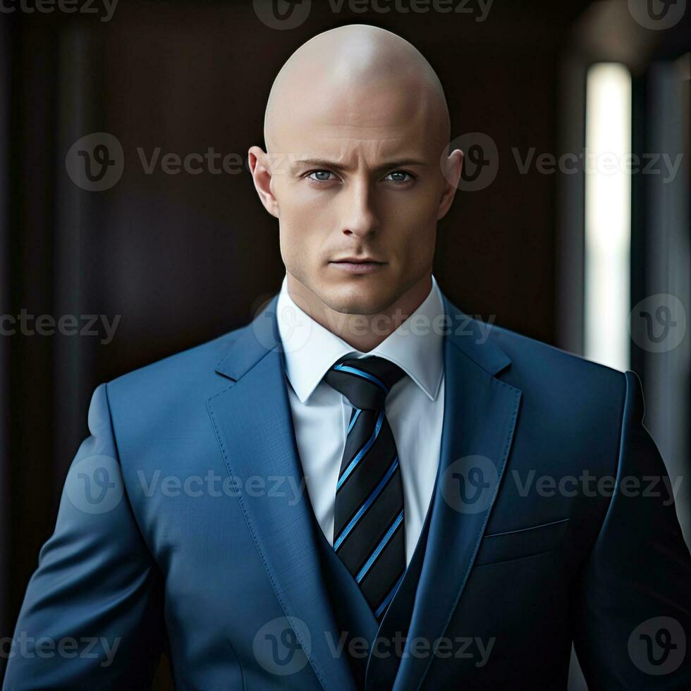 AI generated Confident Executive Businessman with Shaved Head Looking at Camera in Formal Wear photo