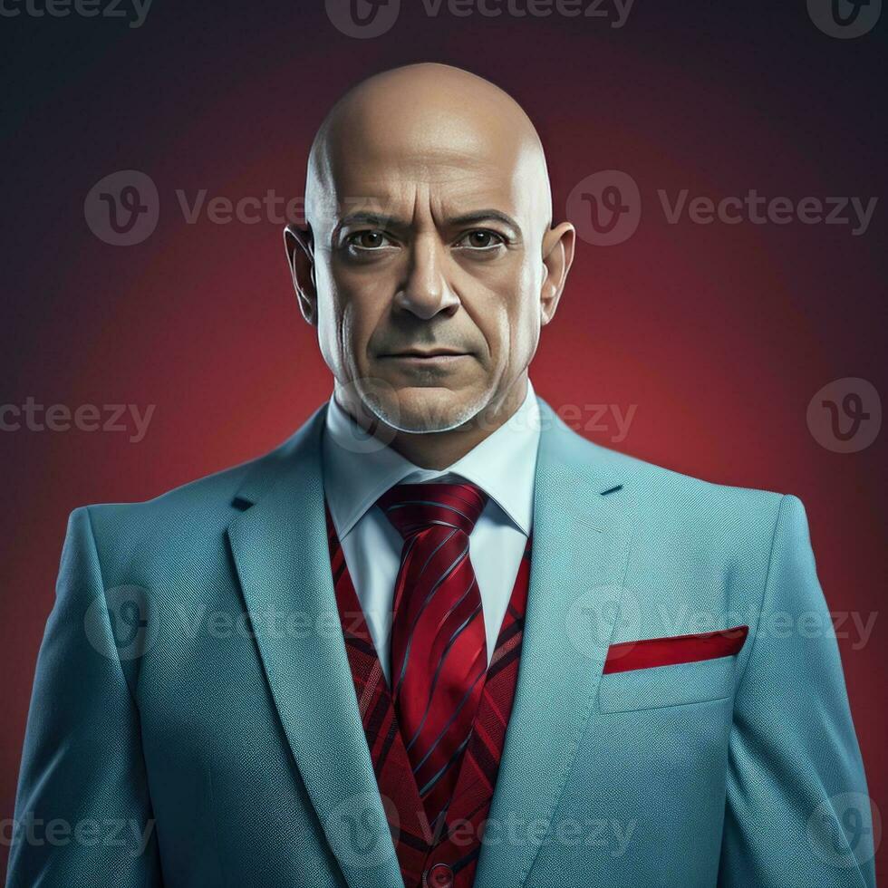 AI generated Businessman in Formal Attire with Red Necktie and Shaved Head Posing in Studio photo