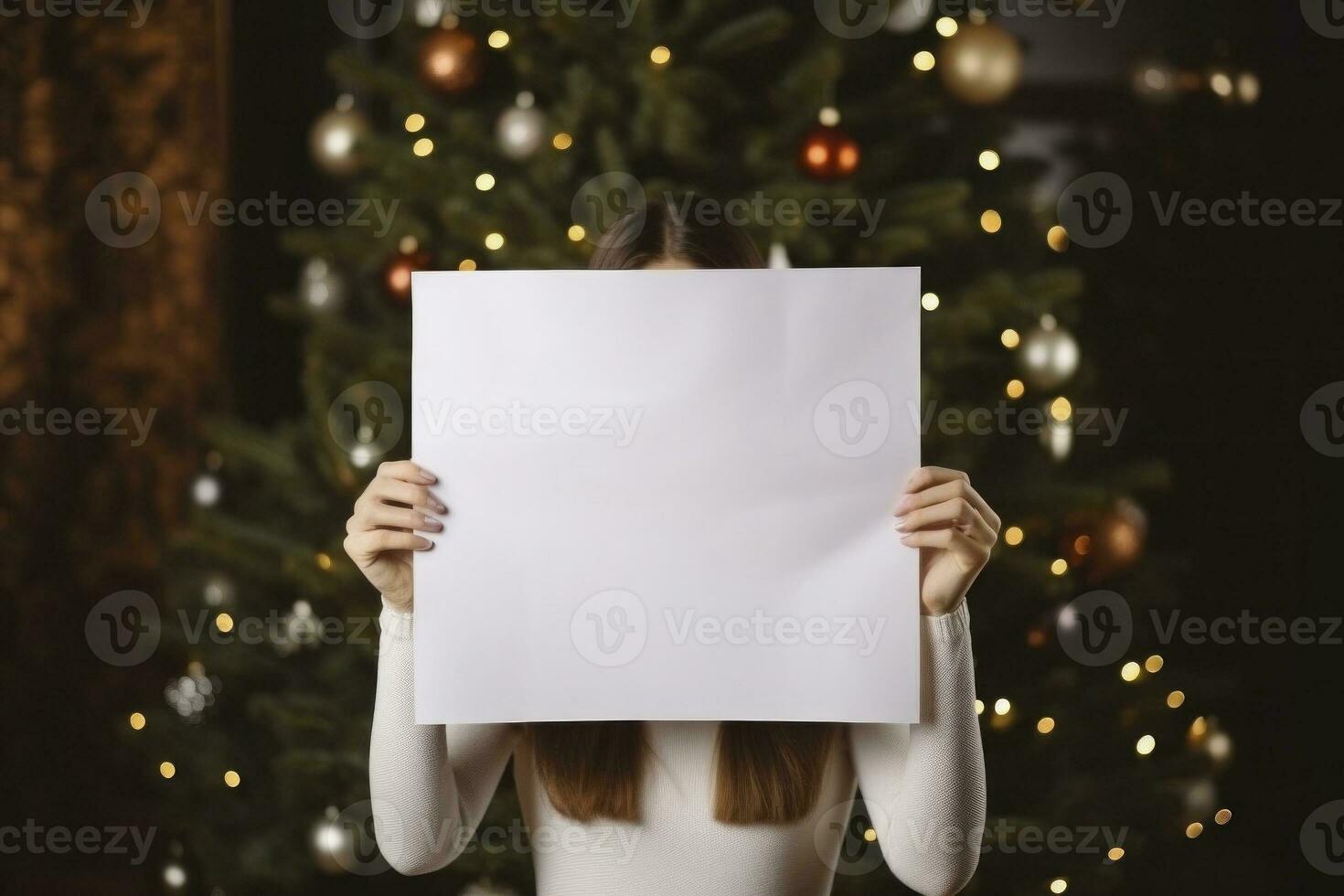 AI Generated Delicate hands of a stylish woman holding a small, blank, white sheet against enchanting backdrop of a Christmas tree photo