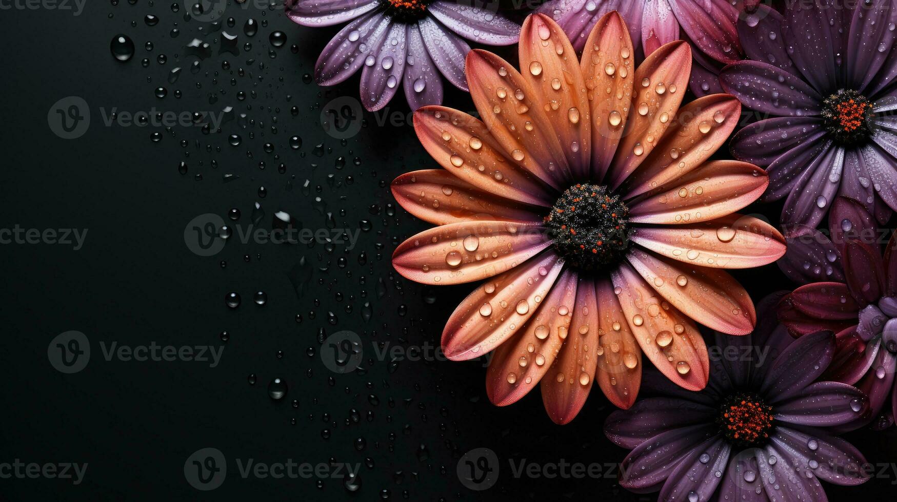 AI generated African daisy sympathy card on a black backdrop. Generative Ai. photo