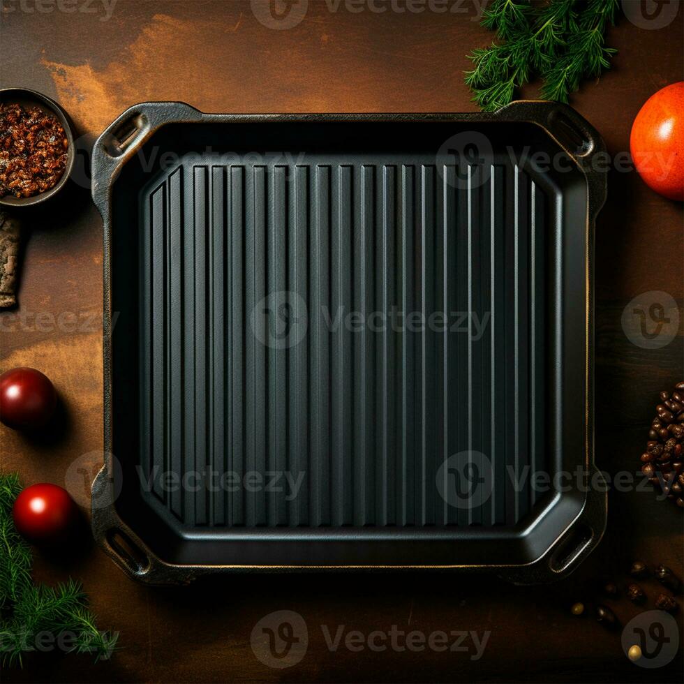 AI generated Empty cast iron grill pan isolated on white background. Top view - AI generated image photo