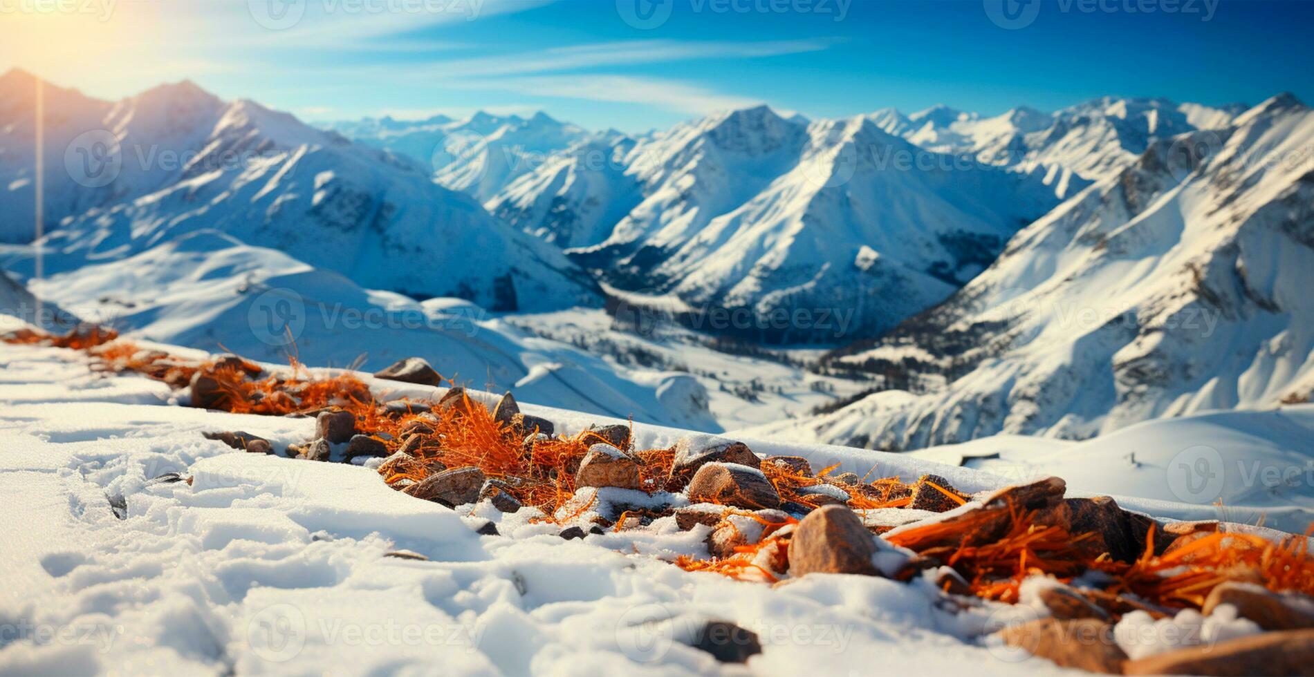 ai generado Nevado alpino montañas, hermosa invierno paisaje, panorama - ai generado imagen foto