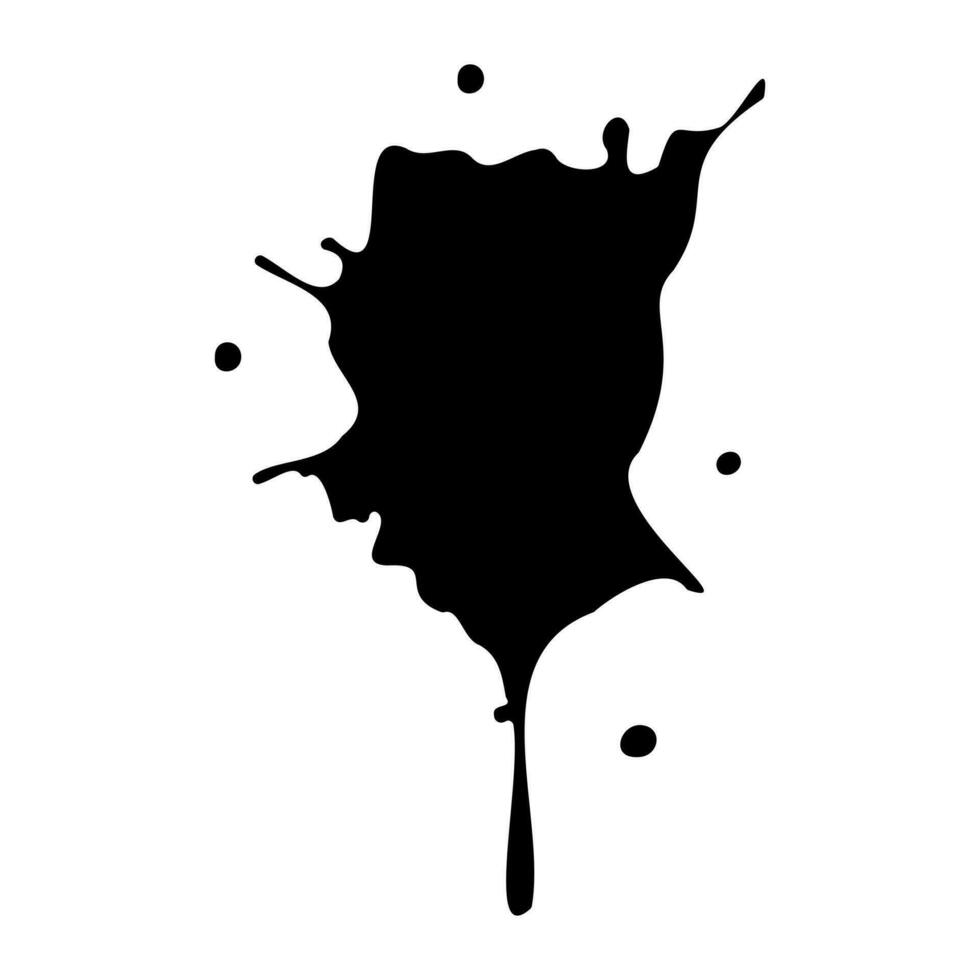 Ink blot. Abstract stain with drops and splashes. Black paint splatter. Vector illustration isolated on a white background. Liquid dirty inkblot. Grunge texture. Design element.