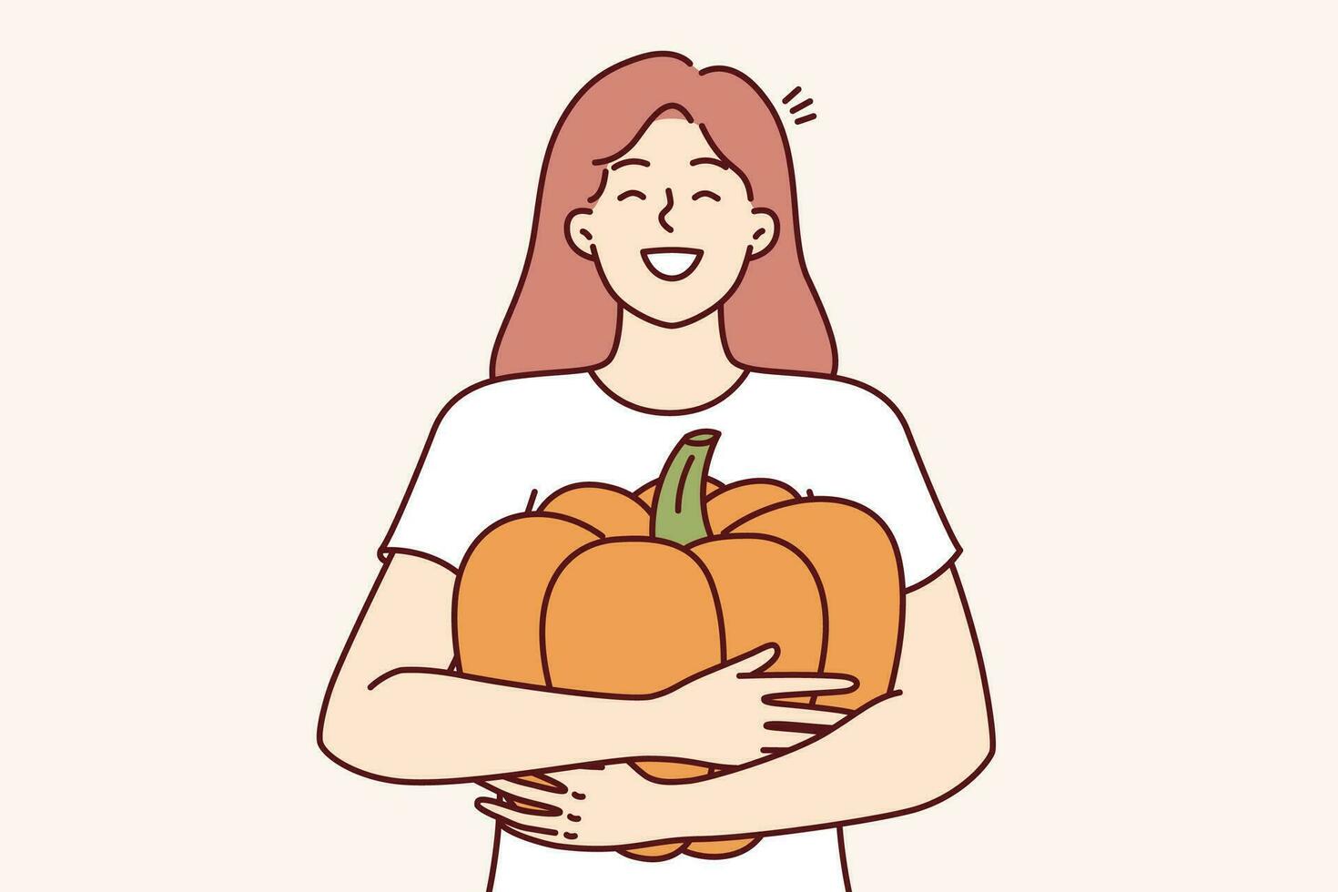 niña abrazos calabaza y sonrisas ampliamente, alegría a bueno cosecha y oportunidad a hacer Jack-o-lantern para Víspera de Todos los Santos día festivo. contento mujer con calabaza en manos riendo preparando para acción de gracias vector