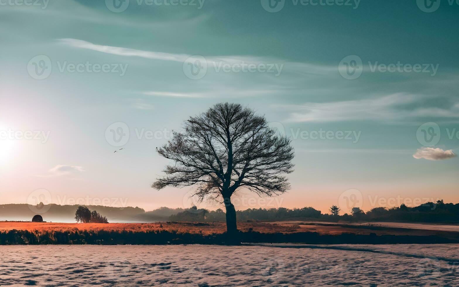 ai generado sereno soledad, majestuoso solitario árbol en un cobija de Nevado esplendor foto