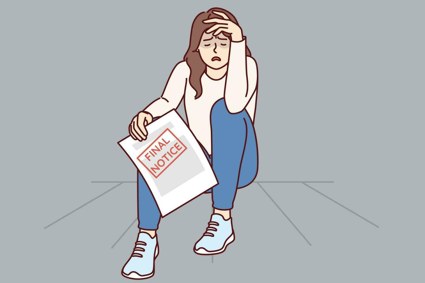 Frustrated woman holding bank document with inscription final notice and crying, sitting on floor. Girl lost house due to not being able to pay bills during financial crisis or recession. vector