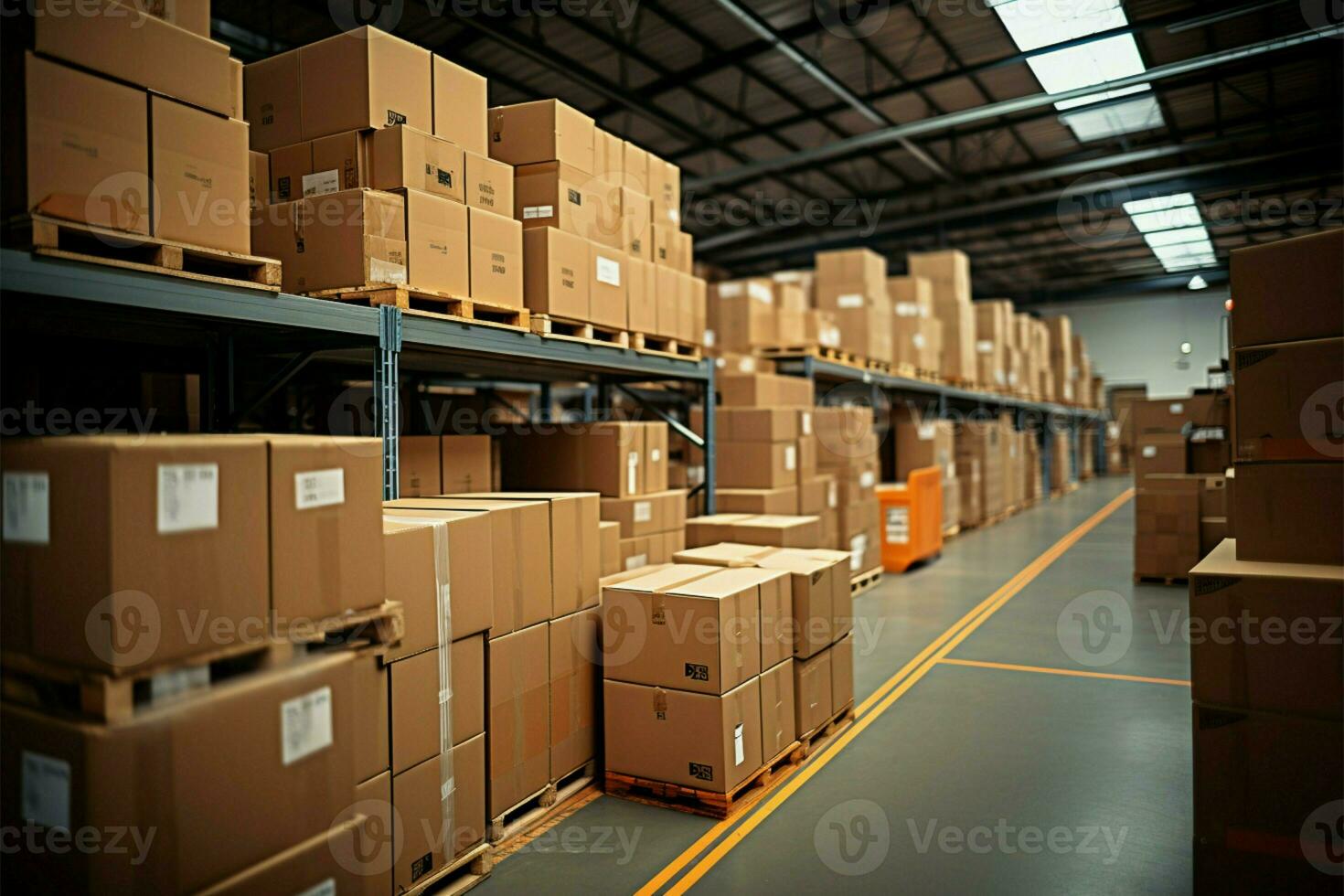 AI generated warehouse goods in cartons factory storage Shipping merchandise room Logistics background  AI Generated photo