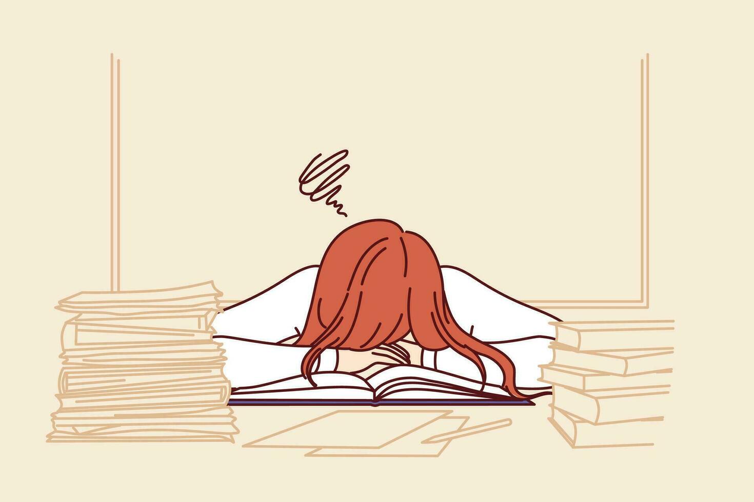 Woman teacher sleeps at desk among students books and workbooks and needs rest due to overwork or burnout. Girl teacher feels exhausted and lacks strength to continue fulfilling professional duties. vector