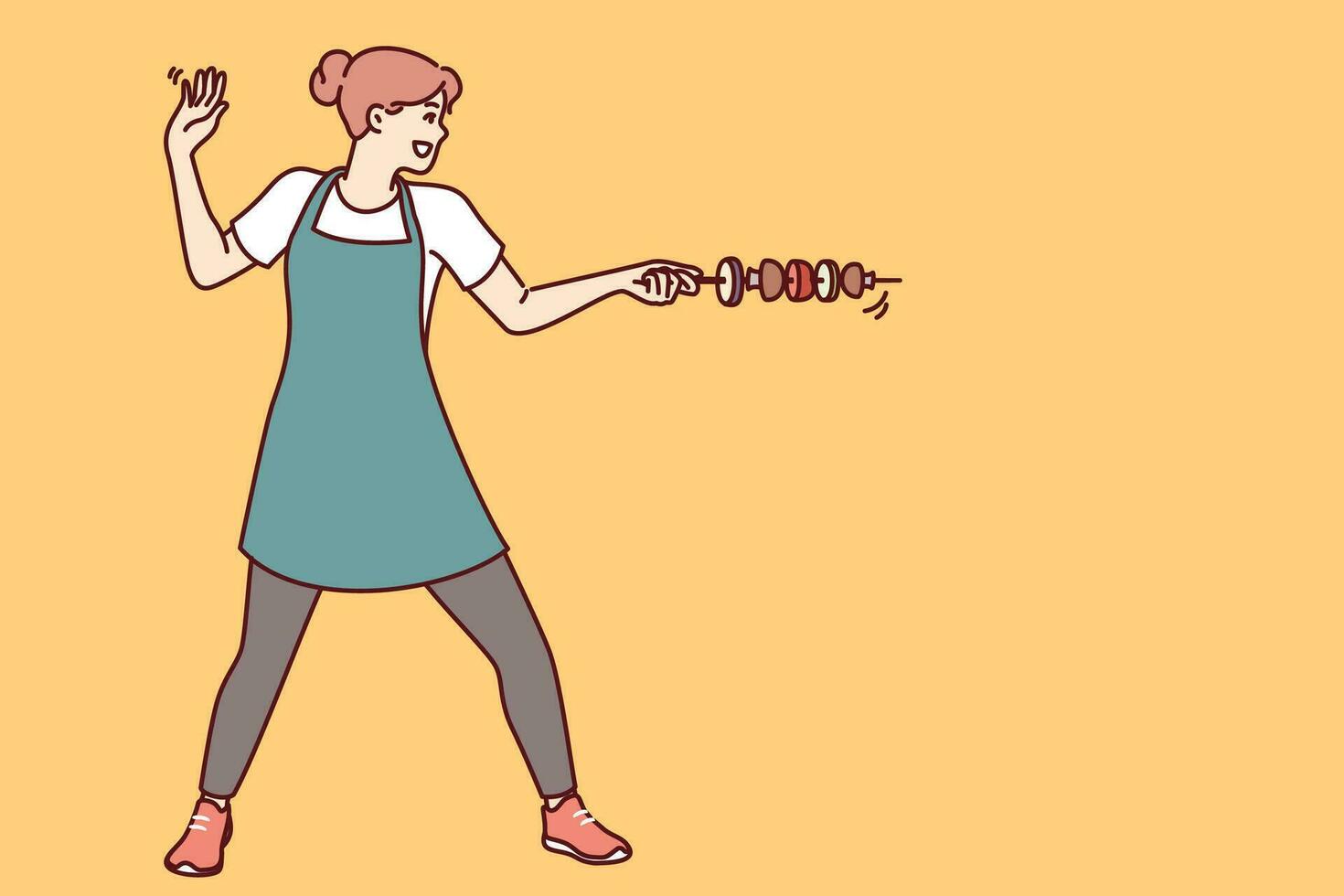 Housewife woman with vegetable kebab stands in swordsman pose and uses skewer instead of sword. Happy culinary girl in apron rejoices at opportunity to cook kebab from healthy ingredients vector