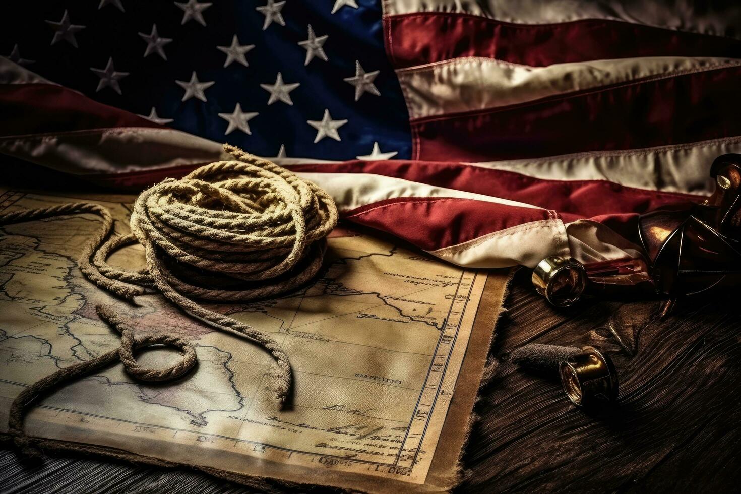 AI generated american flag and old map, American flag and rope on treasure map on the table for Colombus Day, AI Generated photo