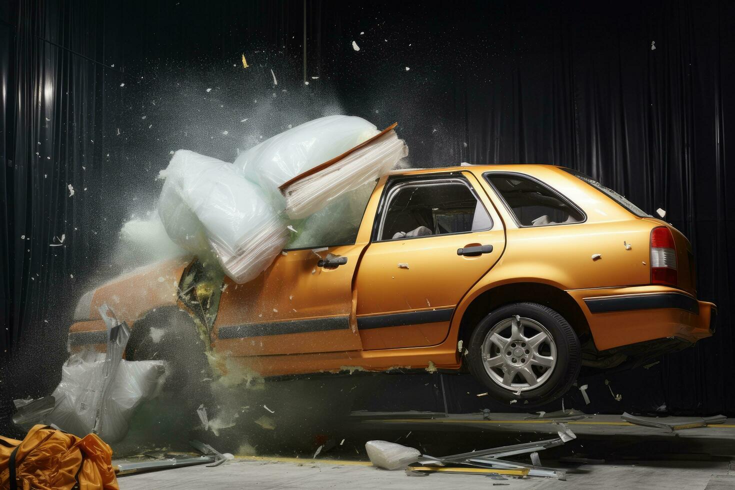 AI generated accident on the car. car with a falling car, An airbag deploying during a crash test, AI Generated photo