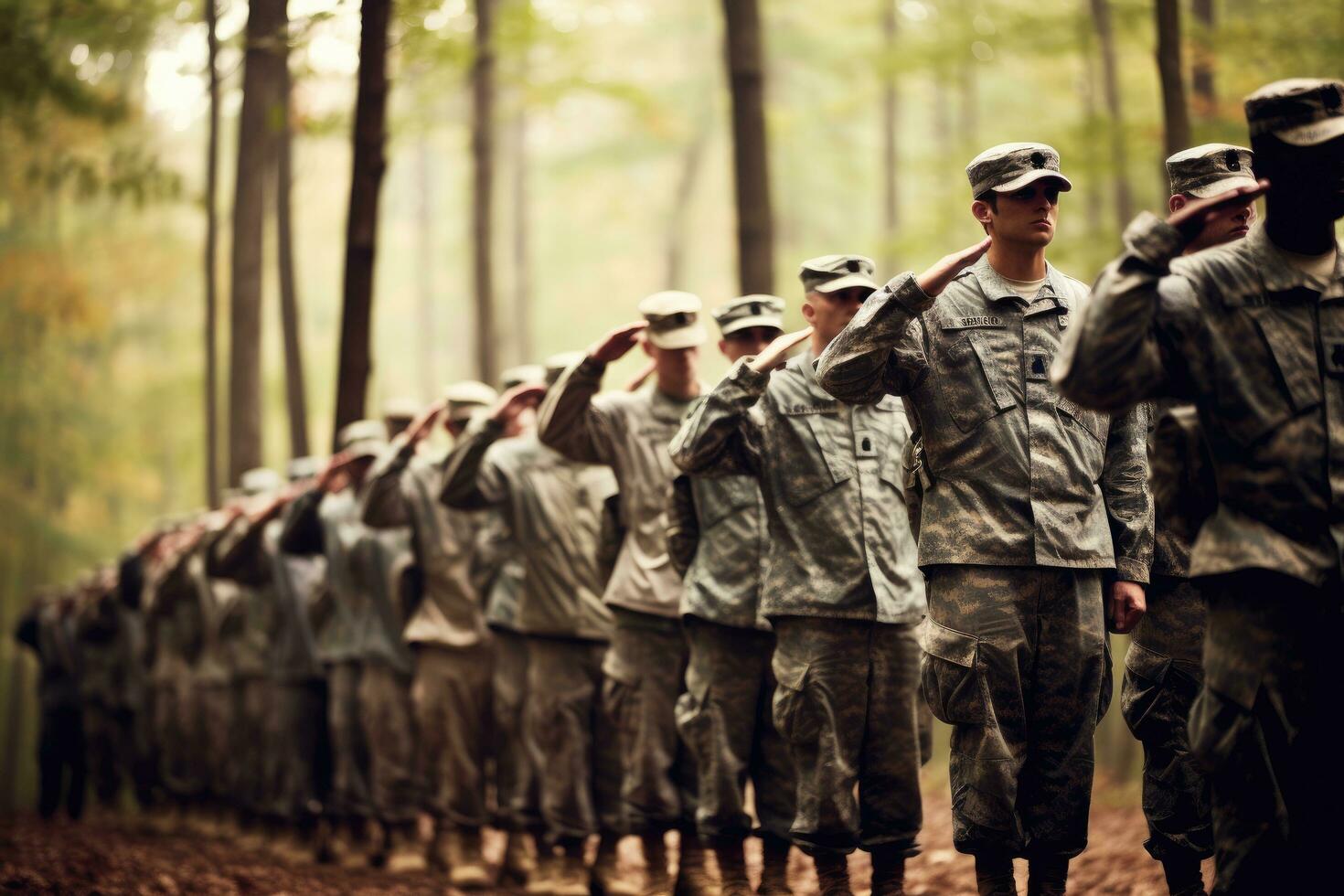 AI generated soldier with soldiers at military parade, American soldiers standing in formation and saluting, AI Generated photo