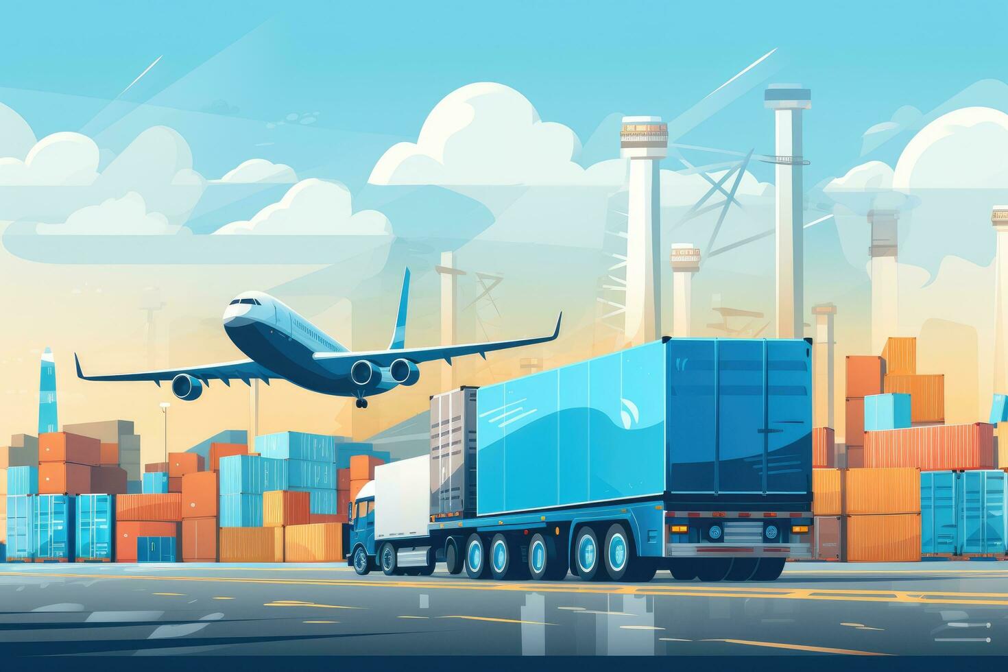 AI generated truck in warehouse, cargo truck with truck and cargo truck, Air cargo freighter Logistics import export goods of freight global, Process of handling, AI Generated photo