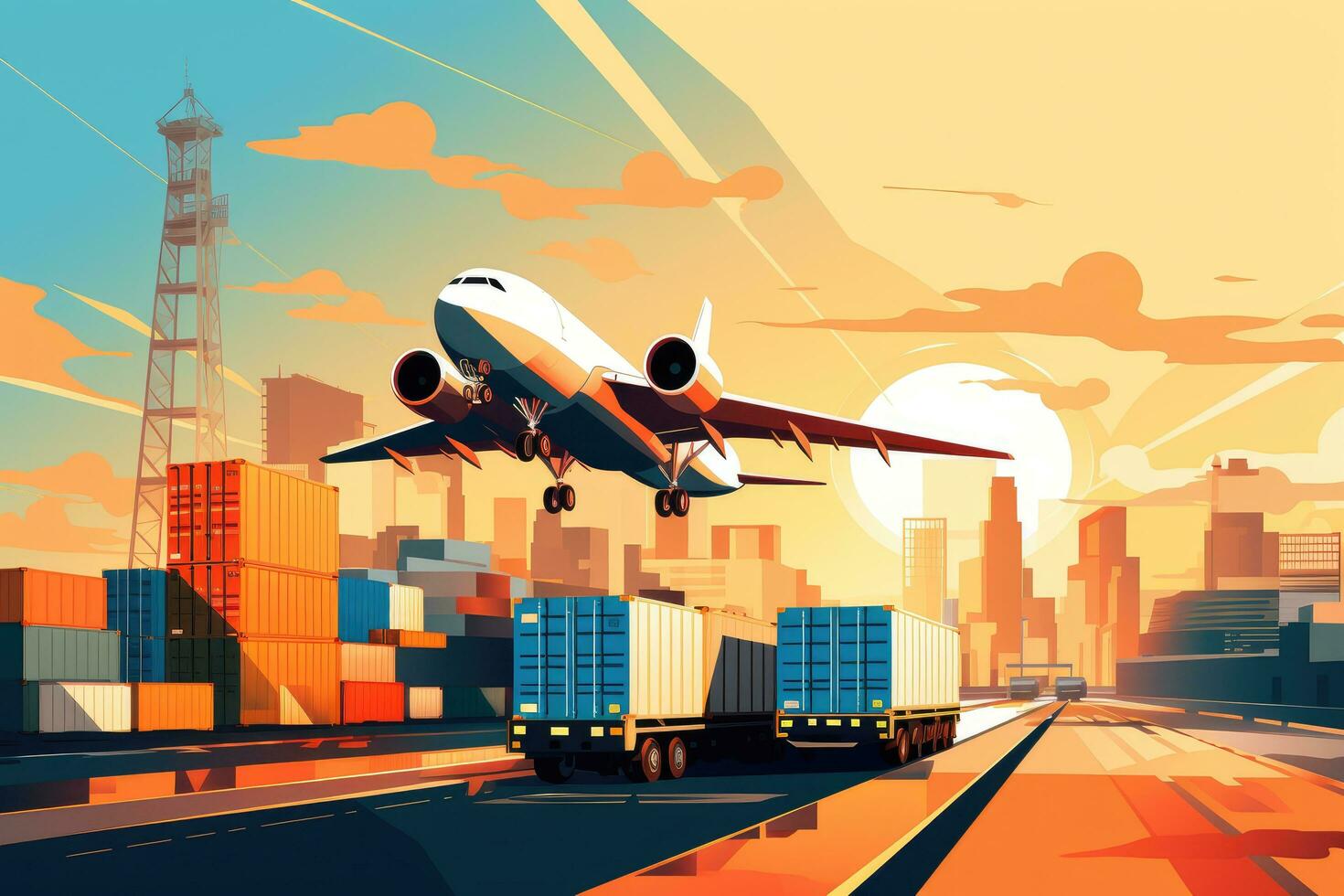 ai generado vector ilustración de un ciudad con un avión, aire carga cargador logística importar exportar bienes de carga global, proceso de manejo, ai generado foto