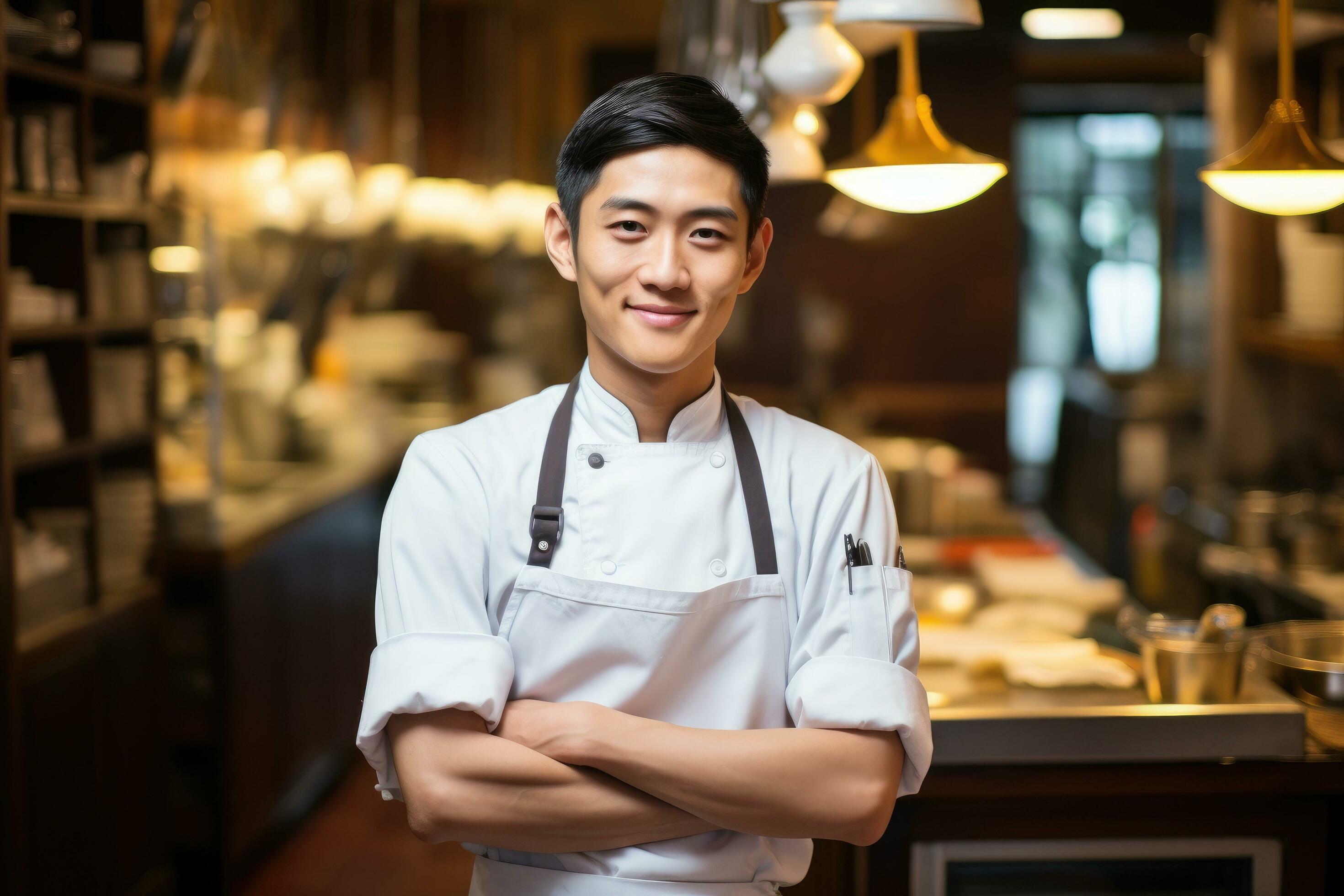 AI generated asian chef in the kitchen, an attractive young head chef ...