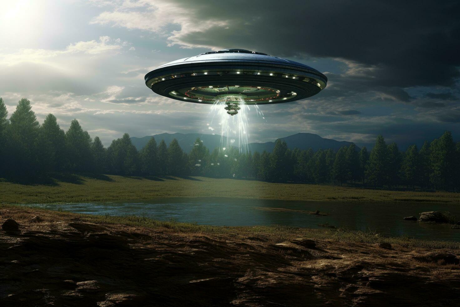 AI generated ufo in the forest with a flying alien, Alien UFO UAP abduction, AI Generated photo