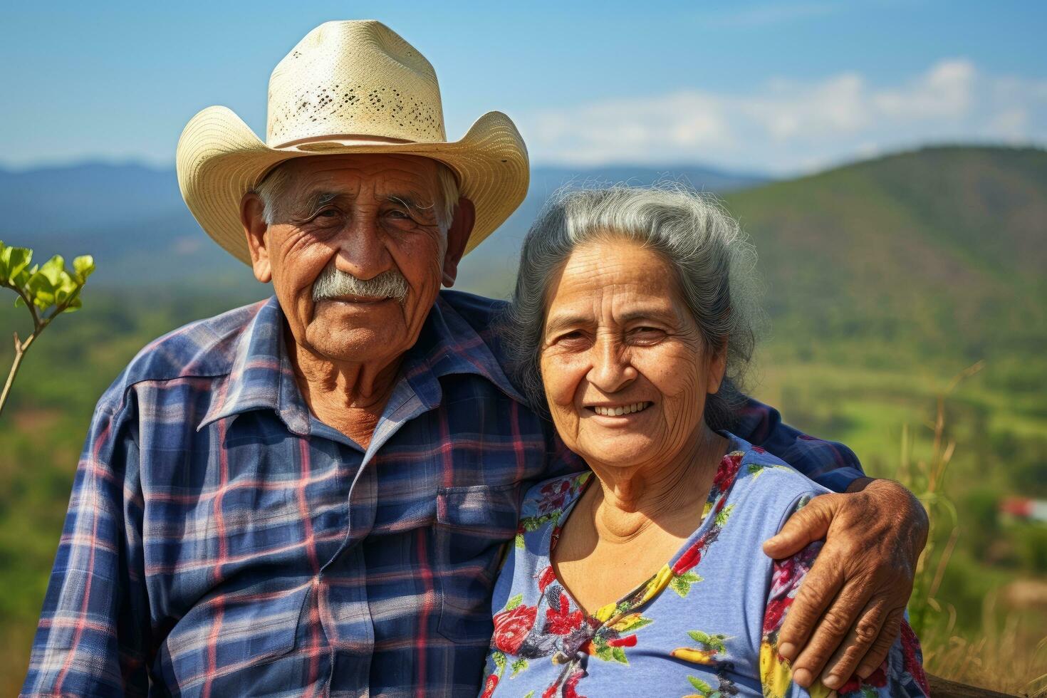 AI generated portrait of a happy elderly couple with a smile on a background of a mountain landscape, An elderly Hispanic couple enjoying outdoors, their love palpable, AI Generated photo