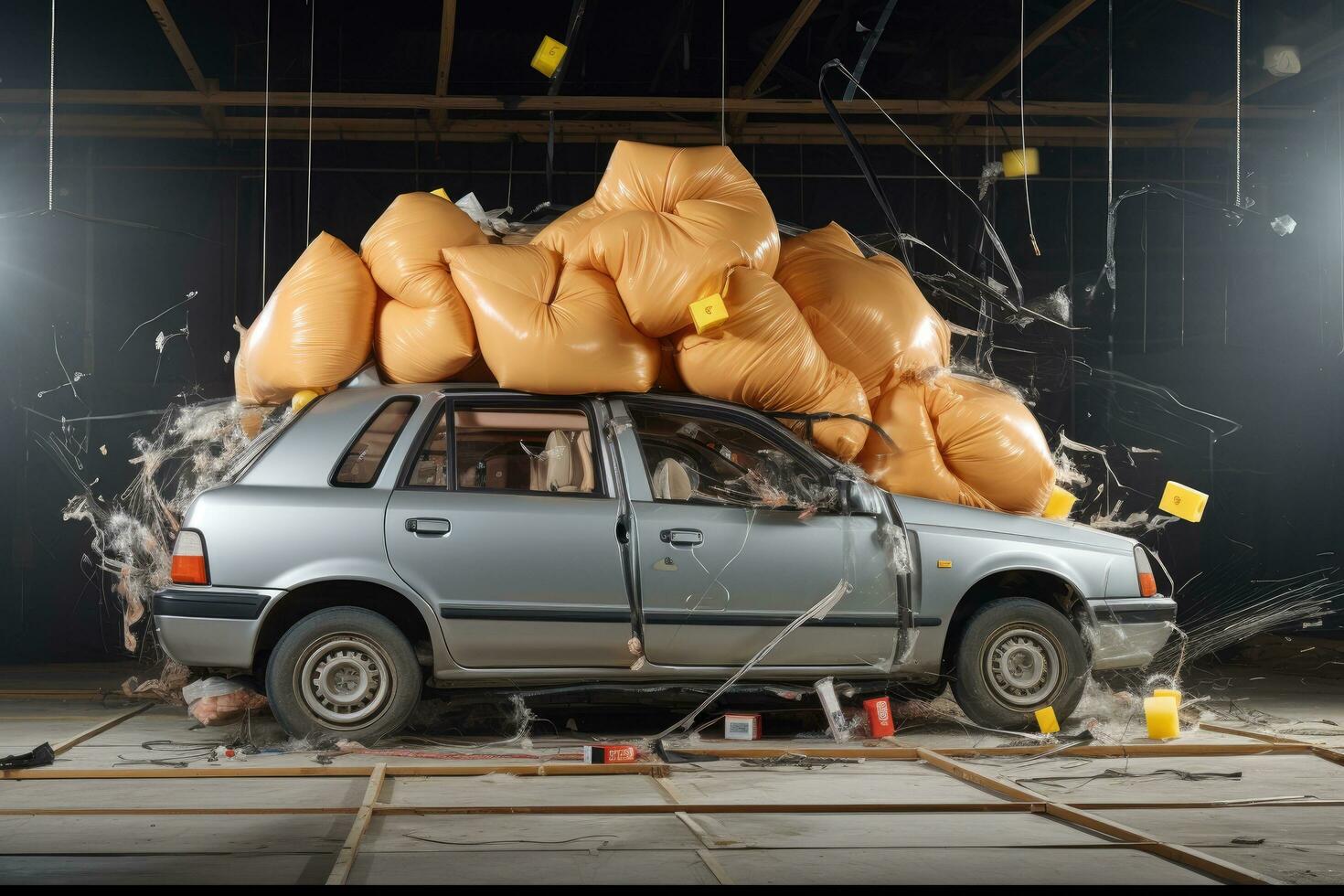 AI generated a yellow truck stands in the car. high quality photo, An airbag deploying during a crash test, AI Generated photo