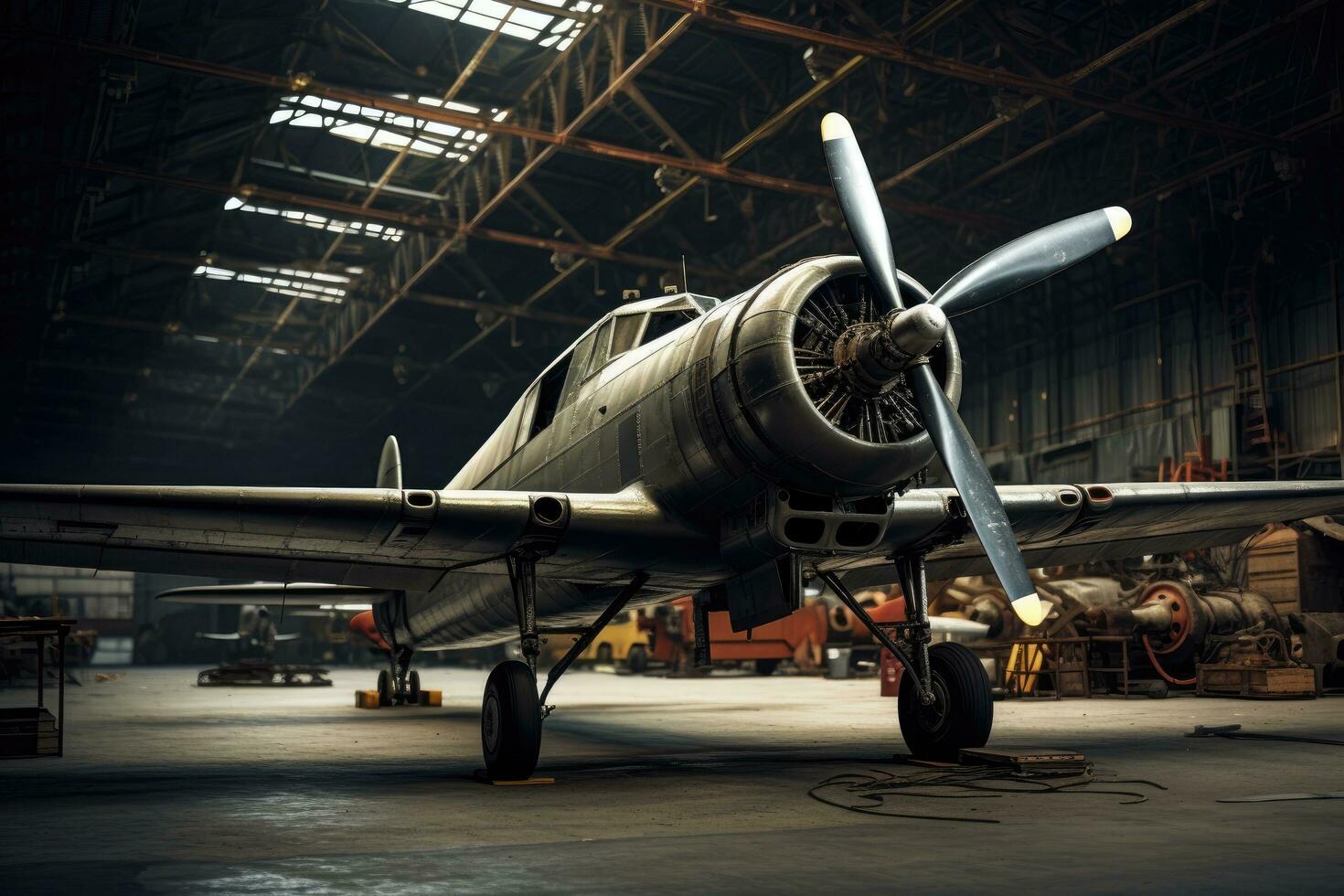 ai generado antiguo aeronave en el aeropuerto, aeronave en el hangar, frente vista, ai generado foto