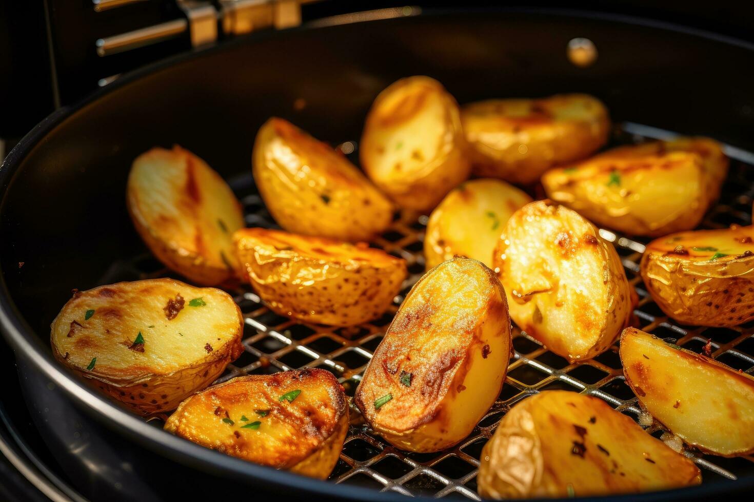 AI generated baked potatoes in a cast - iron pan, Air fryer machine cooking potato fried in kitchen, AI Generated photo