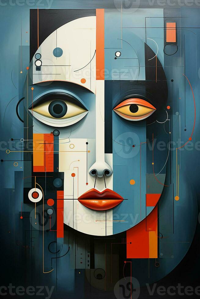 AI generated Geometric shapes with woman face abstract art, wall background. Vibrant colors, precise compositions photo