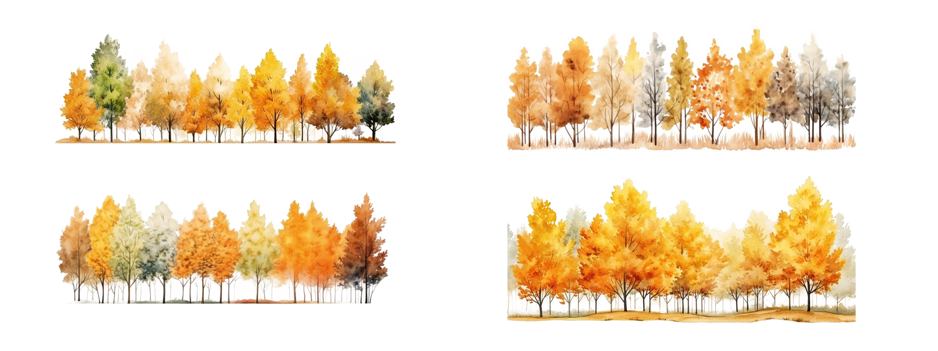 AI generated A group of autumn trees watercolor horizontal banner isolated on a transparent background. png