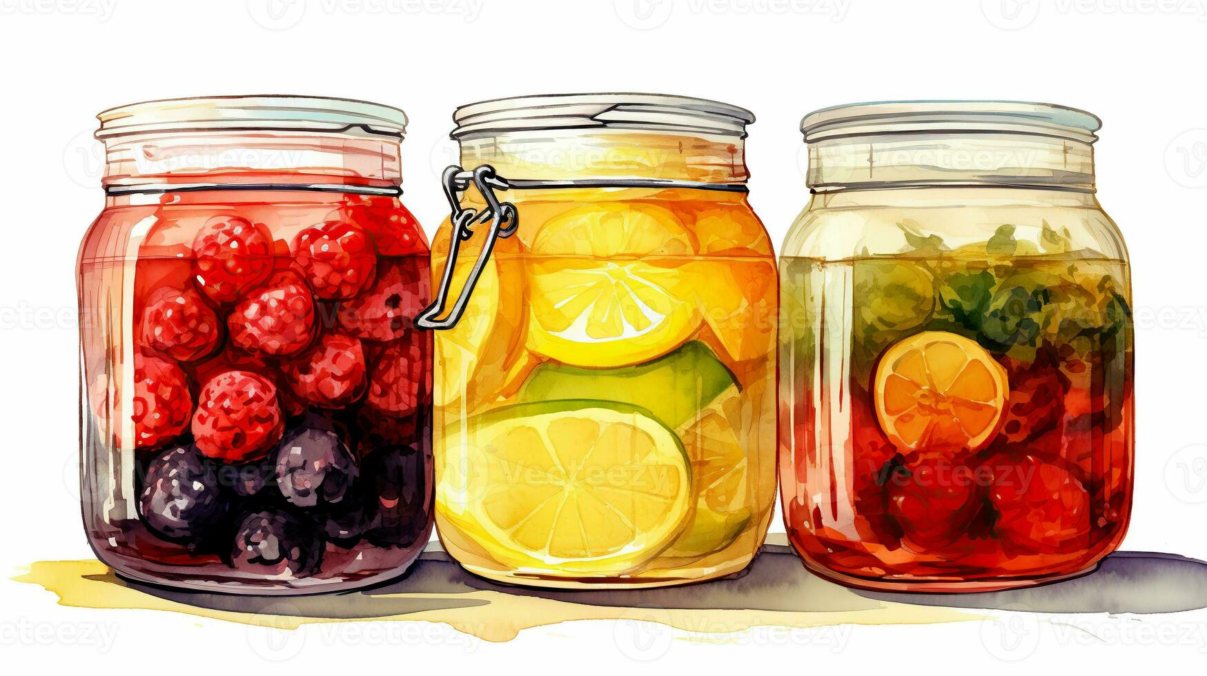 AI generated Jars of fruit compote. Three Glass jars with a variety of signature drinks. Fresh compote with mixed fruits and berries on a white table. Homemade tinctures to boost immunity. photo