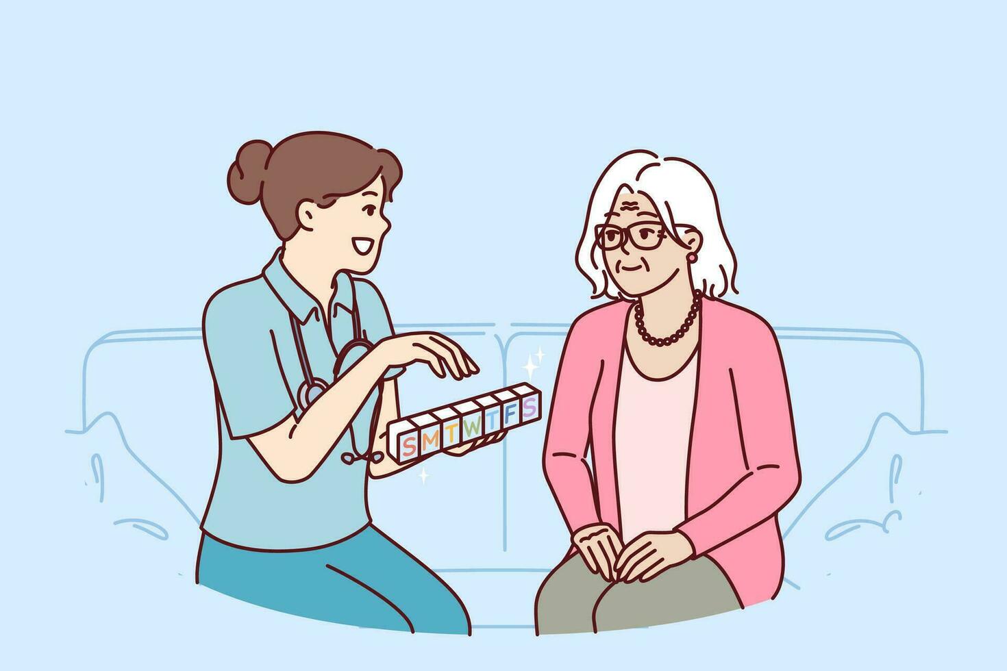 Doctor prescribes medication to elderly female patient and holds pills with smtwtfs letters. Organizer for pills in hands of therapist caring for grandmother suffering from sclerosis vector