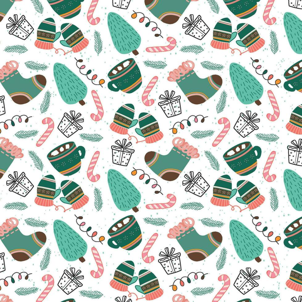 vector new year winter pattern with snow ,the main color green ,on white background