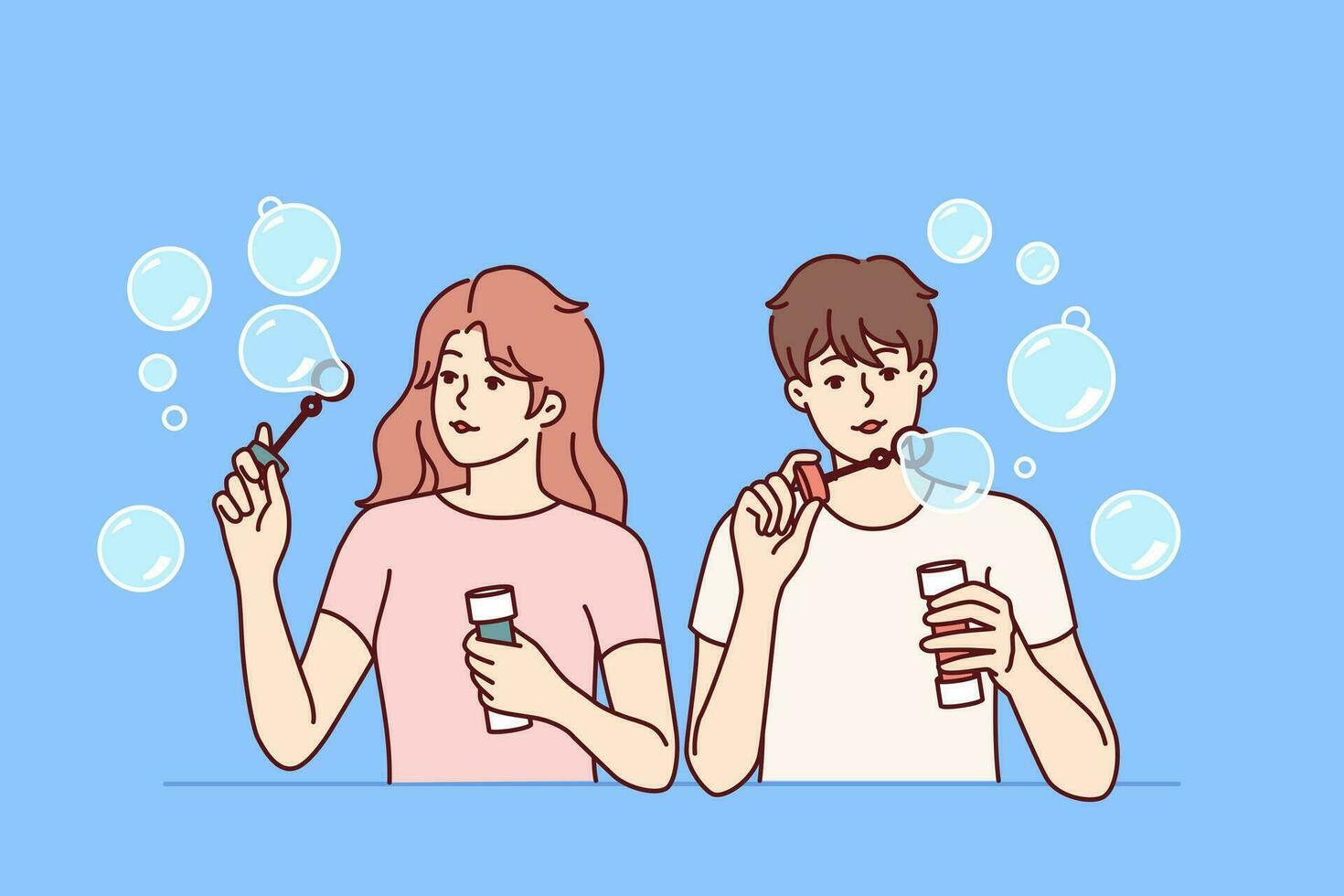 Man and woman inflate soap bubbles and have fun in free time, enjoying pastime together. Couple of casual teenagers with soap bubbles in hands playing and refusing to do useful things vector