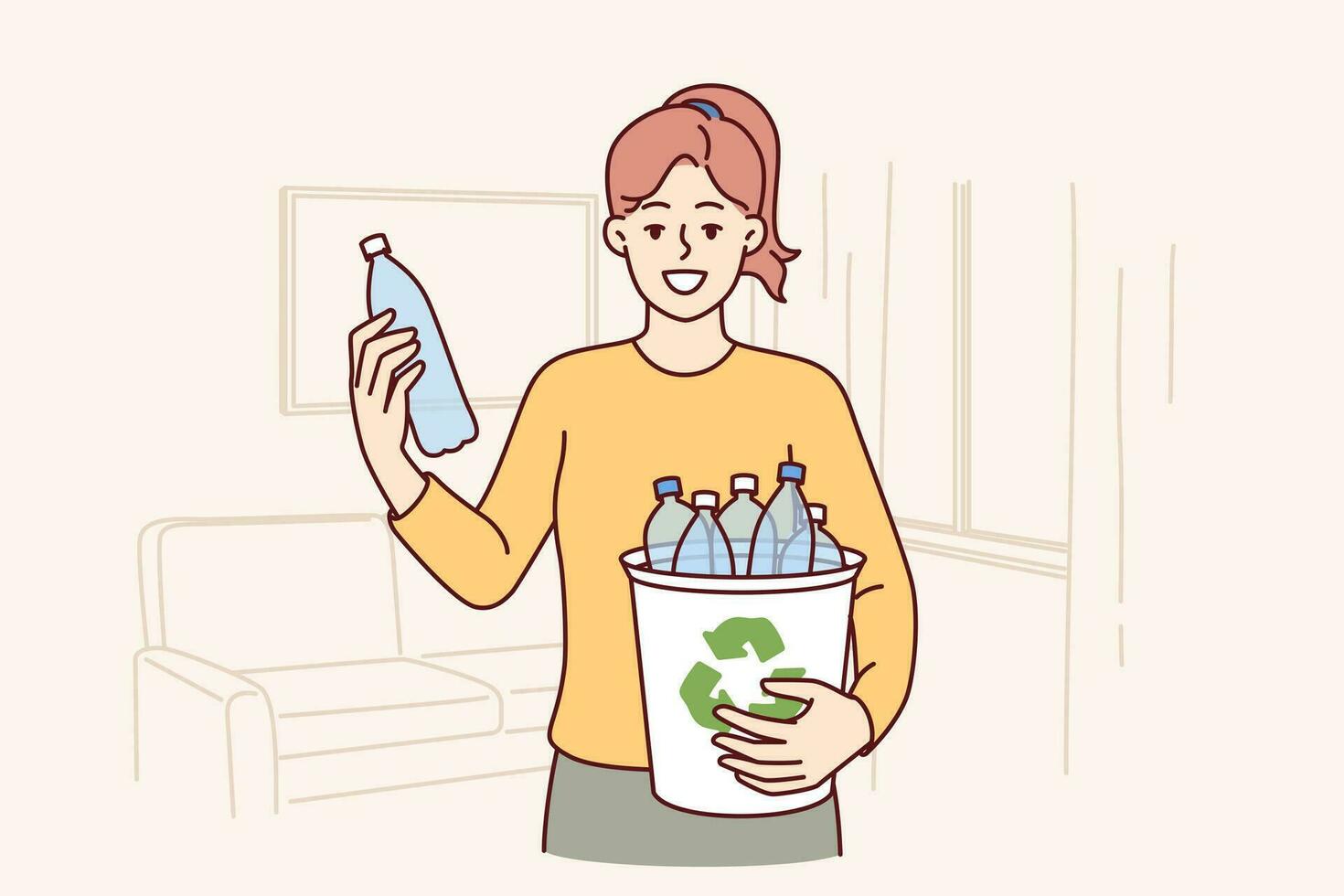 mujer pone el plastico botellas en reciclaje compartimiento demostración conciencia y preocupación para ambiente. joven niña con sonrisa y sostiene el plastico envase creado desde reciclado residuos y casa residuos vector