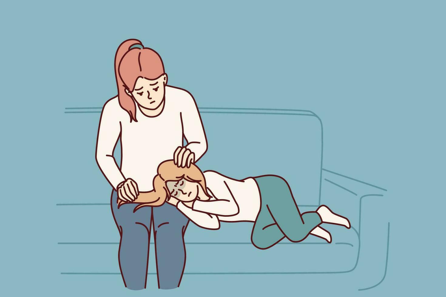 Mom takes care of sick daughter lying on knees, and in need of medicine for flu or cold. Mom strokes head of child who has contracted infectious virus due to sharp change in weather. vector