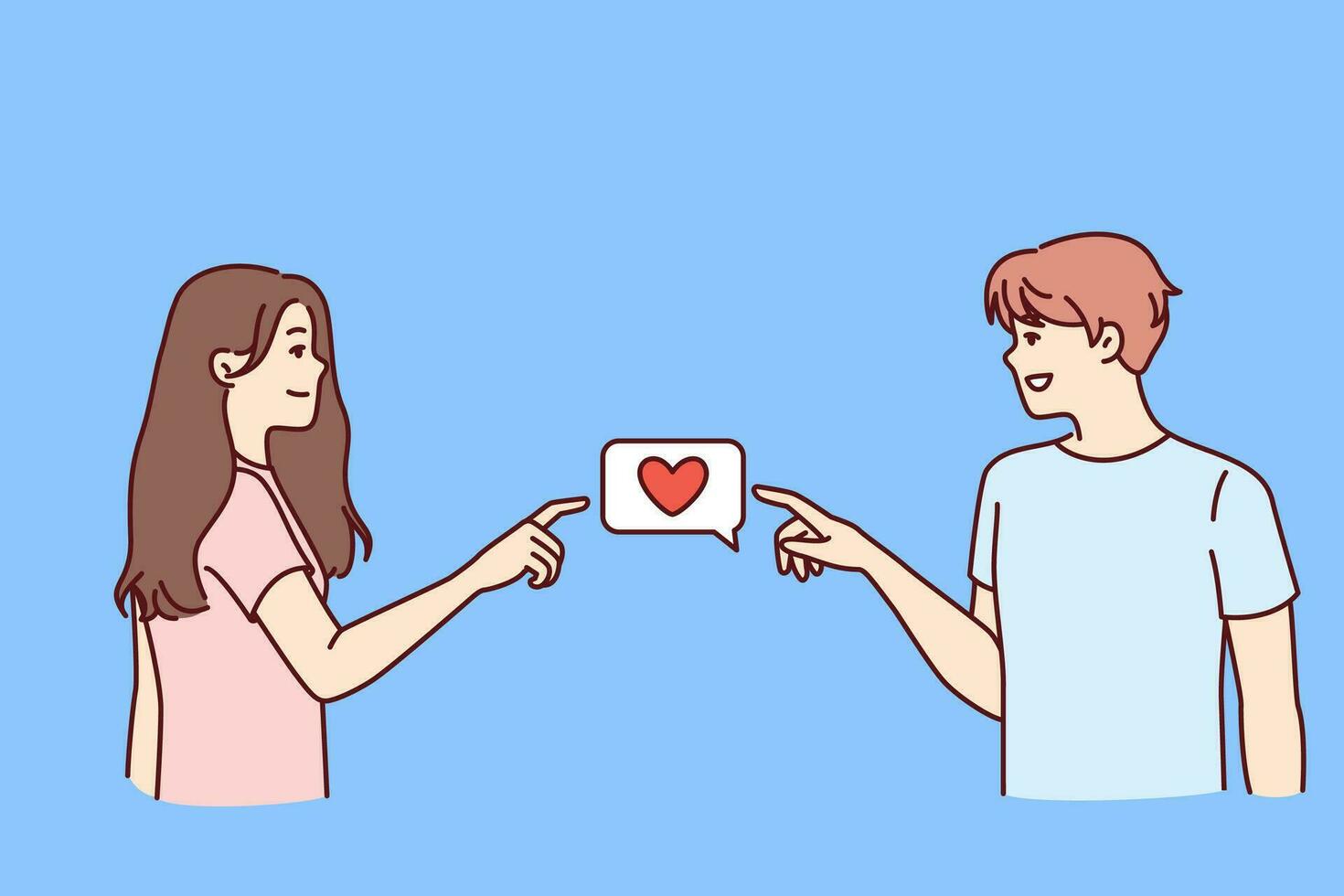 Boyfriend and girlfriend experience love and surge of romantic mood and point to heart icon together. Concept of mutual first love between boy and girl of adolescence dressed in casual clothes vector