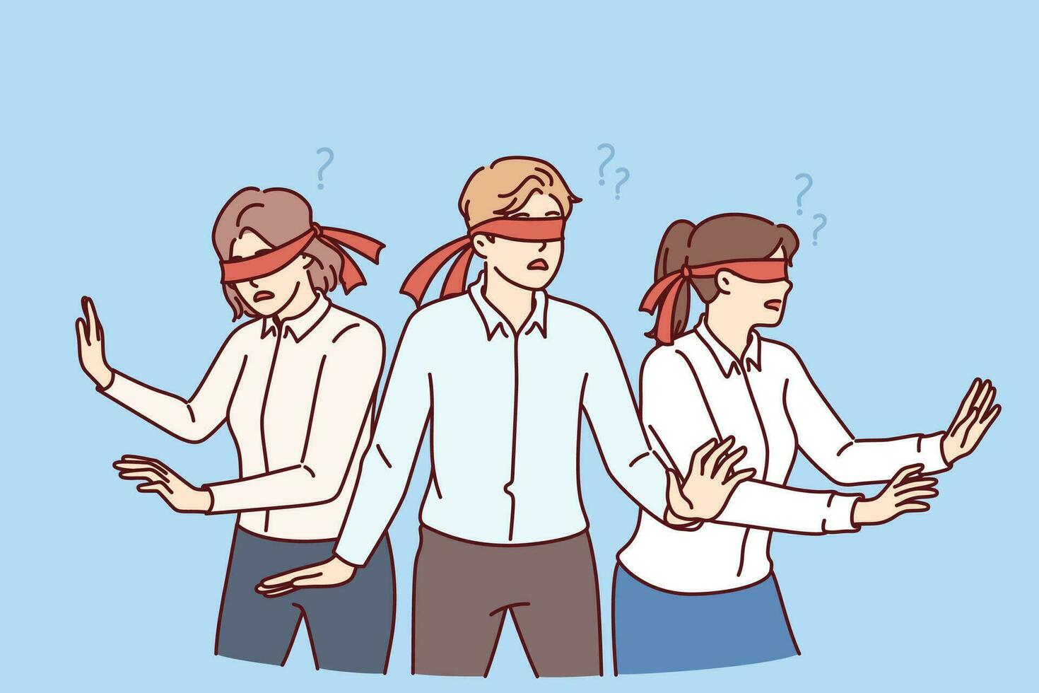 Business people with blindfolds look in different directions, symbolizing lack of coherence between company employees. Man and two female office workers are having trouble coordinating vector