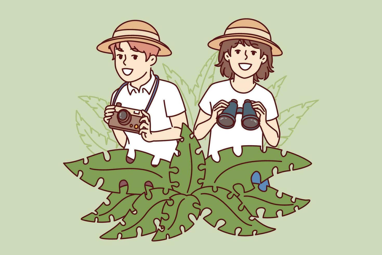 Little travelers stand in jungle with camera and binoculars in hands, spending summer holidays on tropical island. Boy and girl went on trip to exotic jungle, in search of adventure. vector