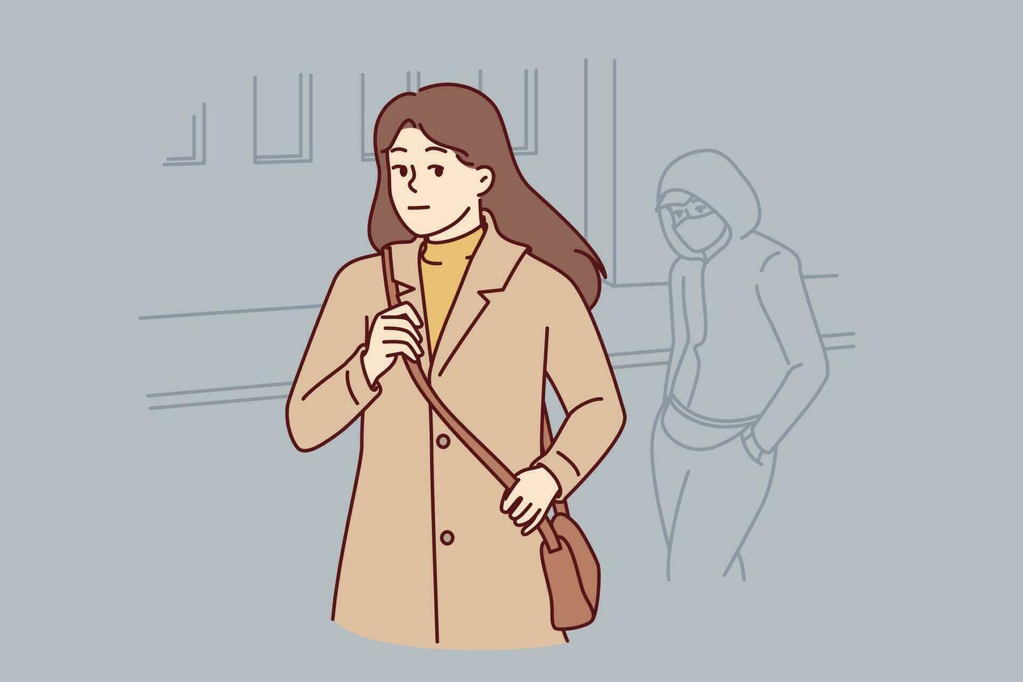 Woman walking through city at night notices stalker who wants to attack or rob defenseless girl. Lady is frightened looking back watching stalker, and needs protection of police or people passing by vector