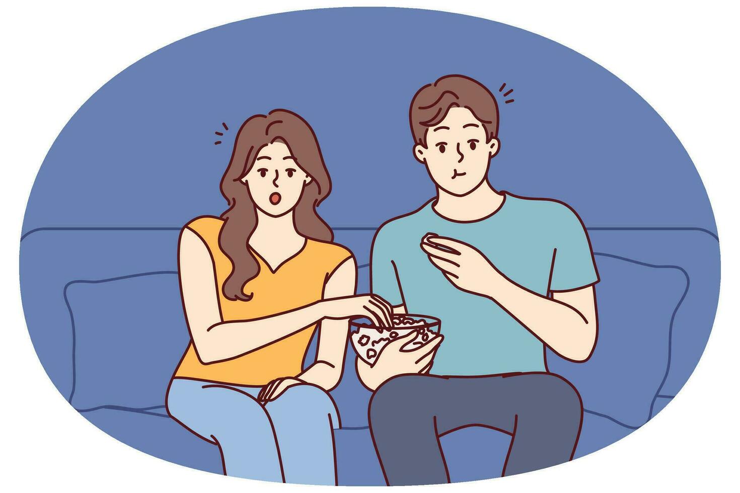 Couple watching movie eating popcorn at home. Young man and woman relax together enjoying film on weekend. Vector illustration.