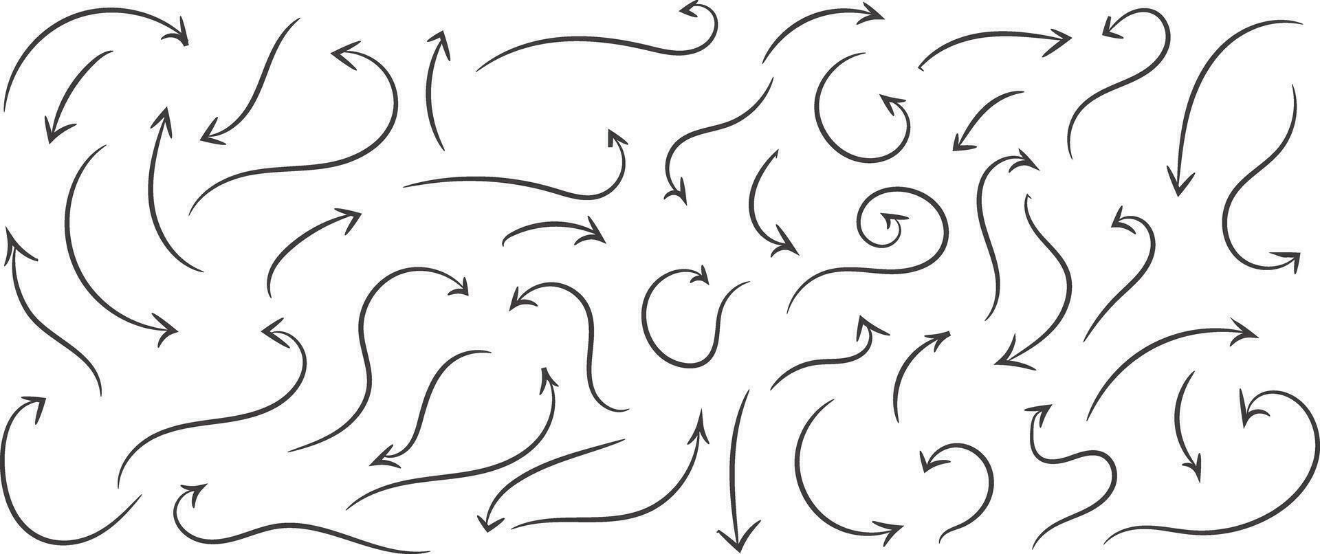 Set of black grunge hand drawn arrows isolated on transparent background vector