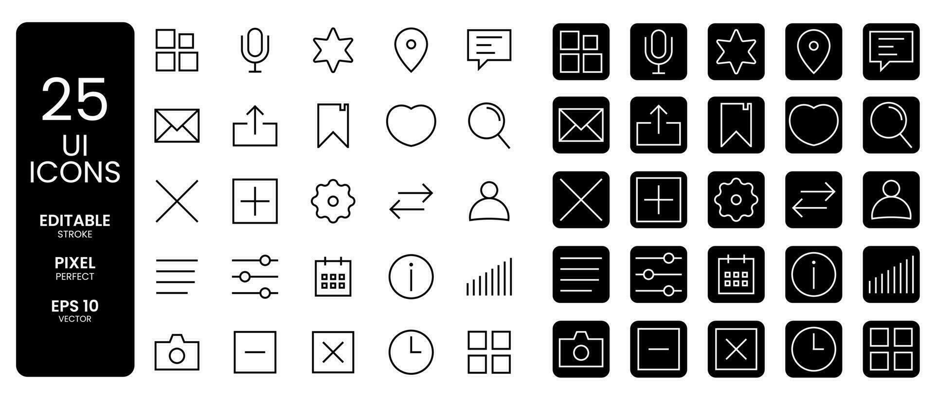 UI apps, mic, star, location, message, mail, bookmark, love, search, settings, calendar, info, camera, time, close, signal icon set in light and dark theme vector