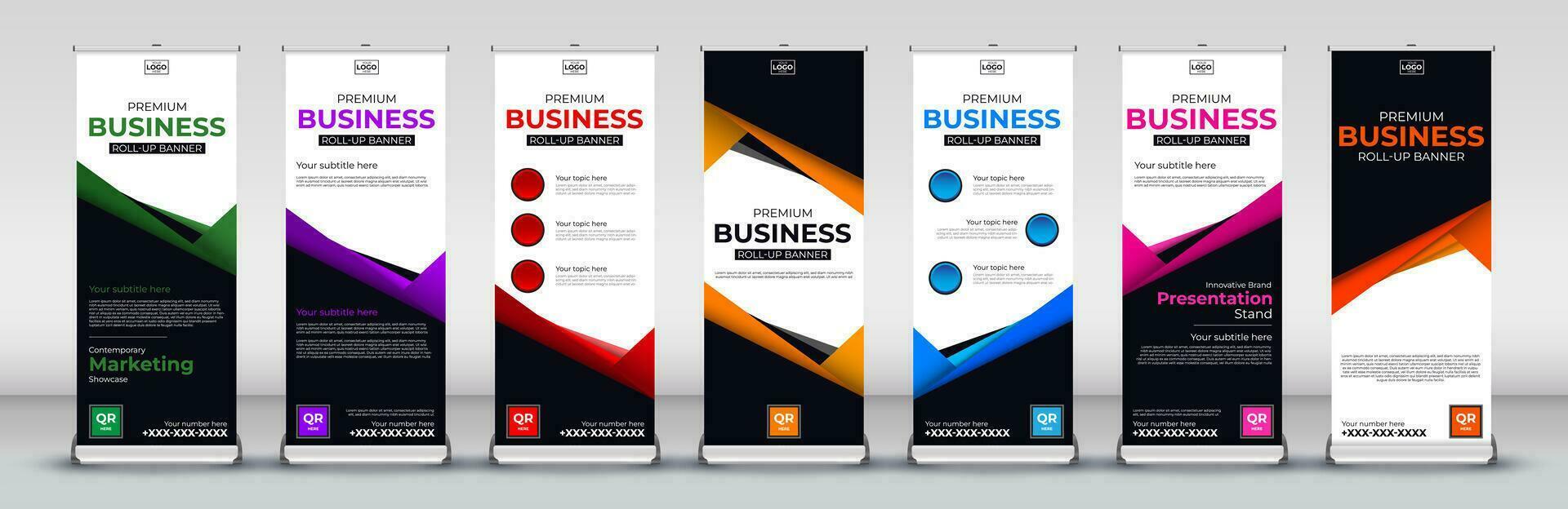 Business roll up banner design for business events, annual meetings, presentations, marketing, promotions, with pink, green, red, purple, orange, blue and yellow print ready colors vector