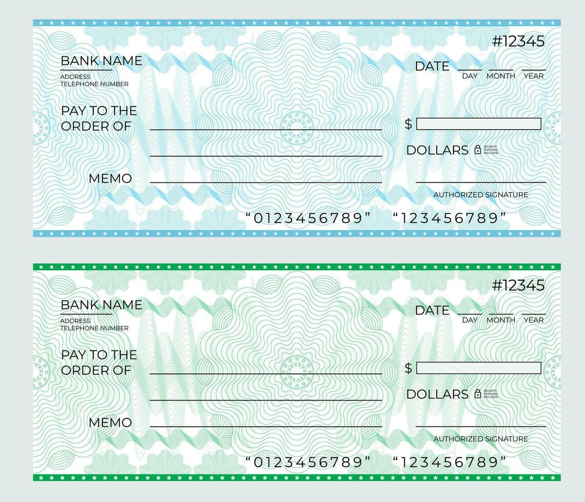 blanco modelo de el talonario de cheques cheque página con vacío campos a llenar en azul y verde colores vector