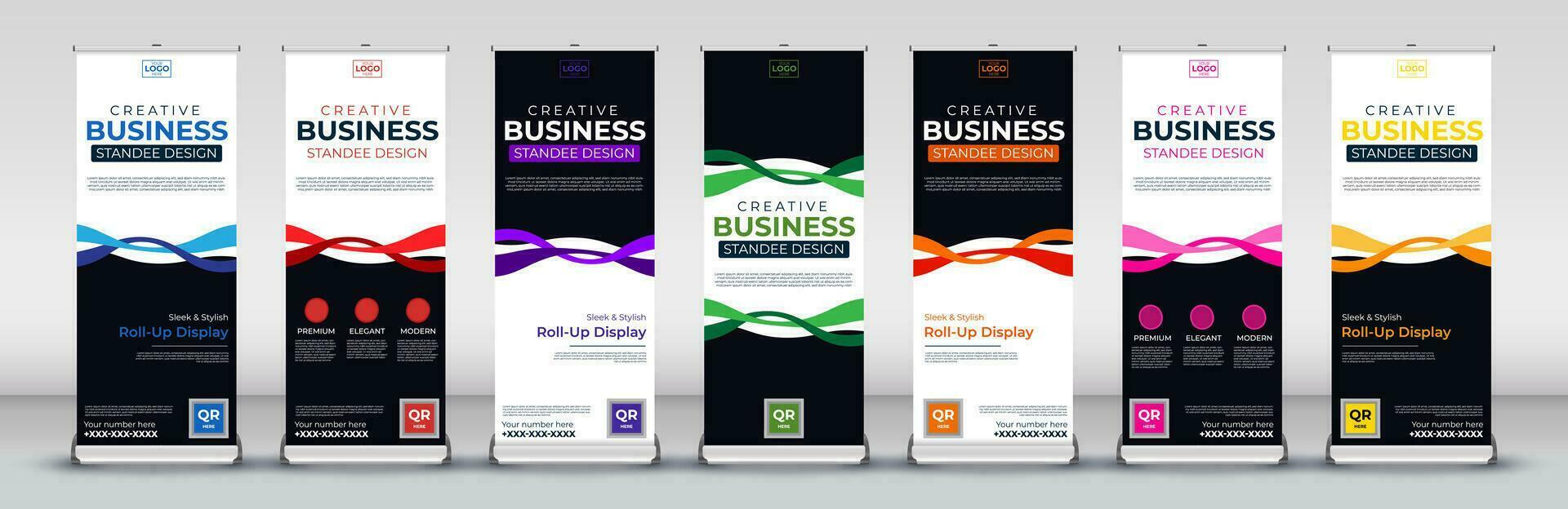 Business roll up banner design for business events, annual meetings, presentations, marketing, promotions, with pink, green, red, purple, orange, blue and yellow print ready colors vector