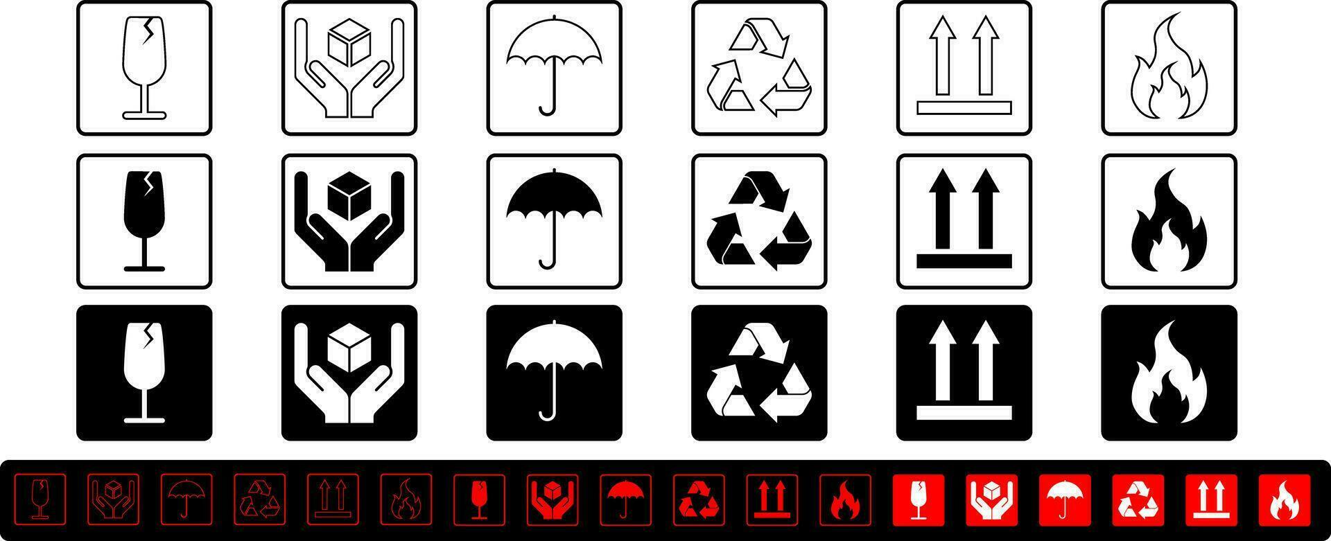 packaging and warning symbol set in Black, white and red color for print flat style icons with frame and outline. Fragile, Handle with care, keep dry, Recycle, This way up, flammable signs vector