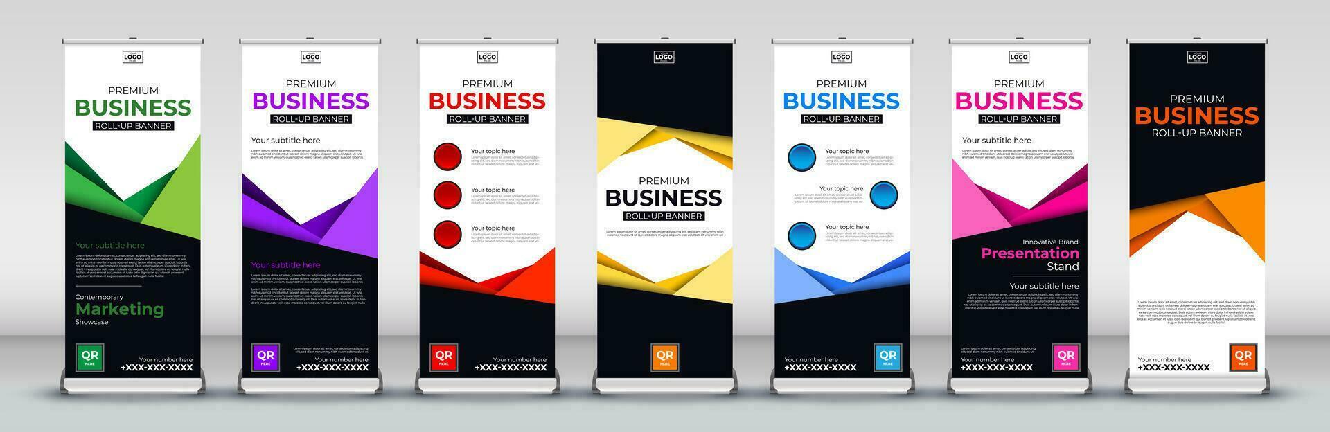 Business roll up banner design for business events, annual meetings, presentations, marketing, promotions, with pink, green, red, purple, orange, blue and yellow print ready colors vector