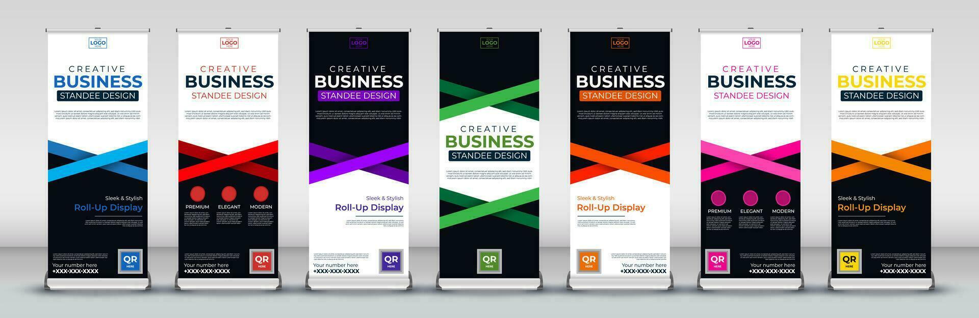 Business roll up banner design for business events, annual meetings, presentations, marketing, promotions, with pink, green, red, purple, orange, blue and yellow print ready colors vector