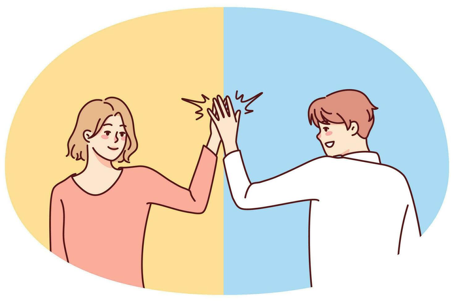contento hombre y mujer dar alto cinco. sonriente personas saludo al aire libre. cuerpo idioma y no verbal comunicación. vector ilustración.