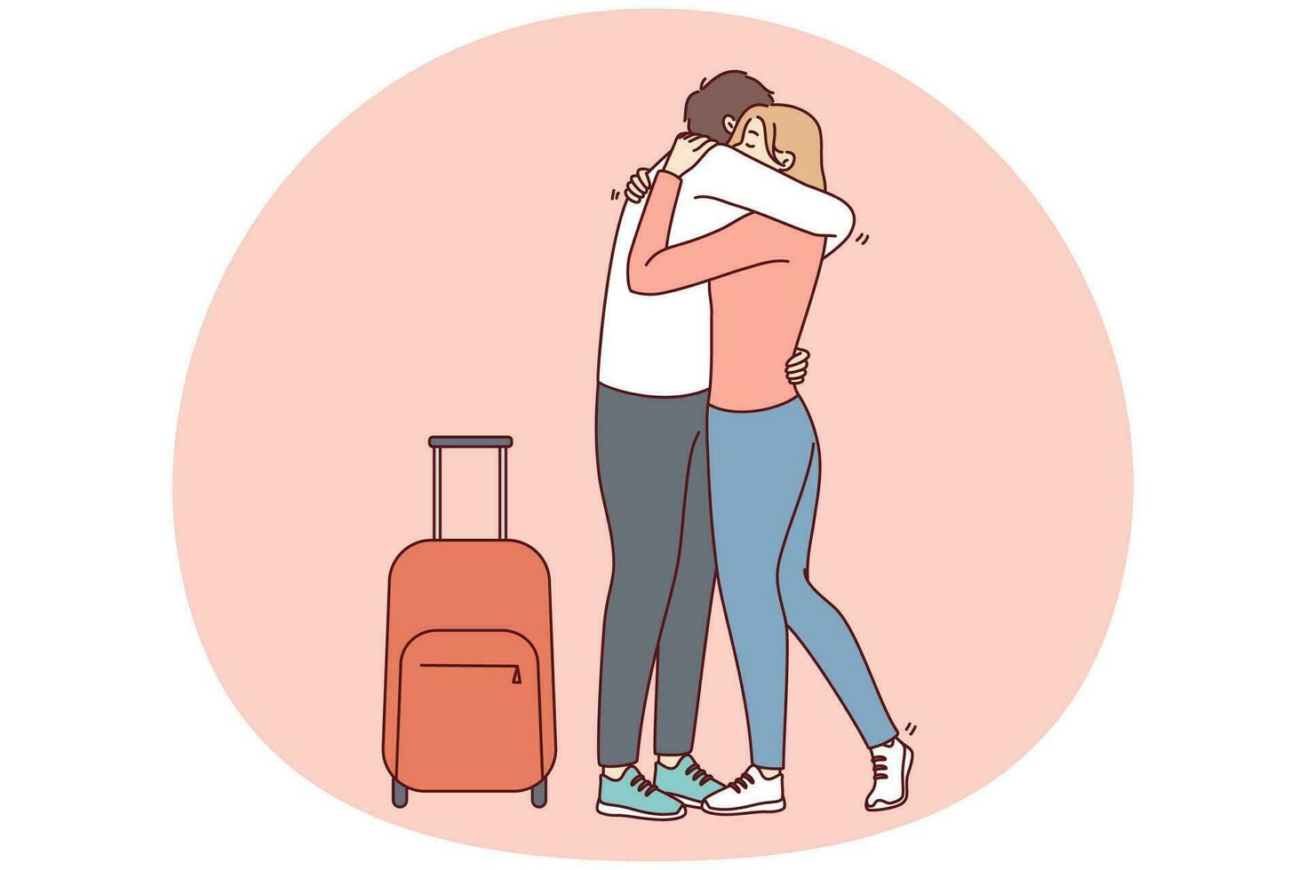 Woman hugging man with suitcase meet lover in airport. Happy couple embrace reunite after separation. Long distance relationship. Vector illustration.