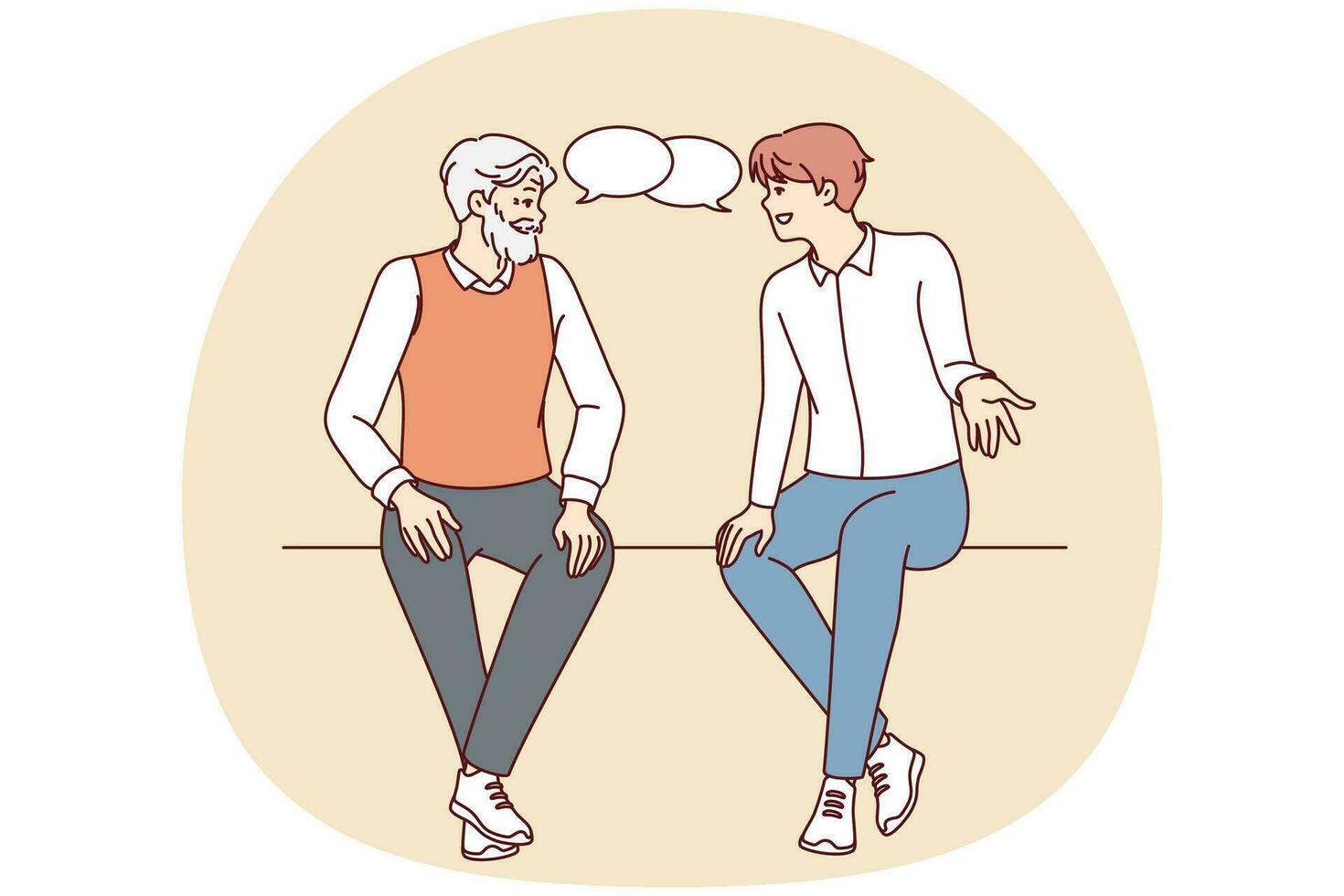 Old and young men sitting together talking. Older and younger male generation with speech bubbles engaged in conversation. Vector illustration.