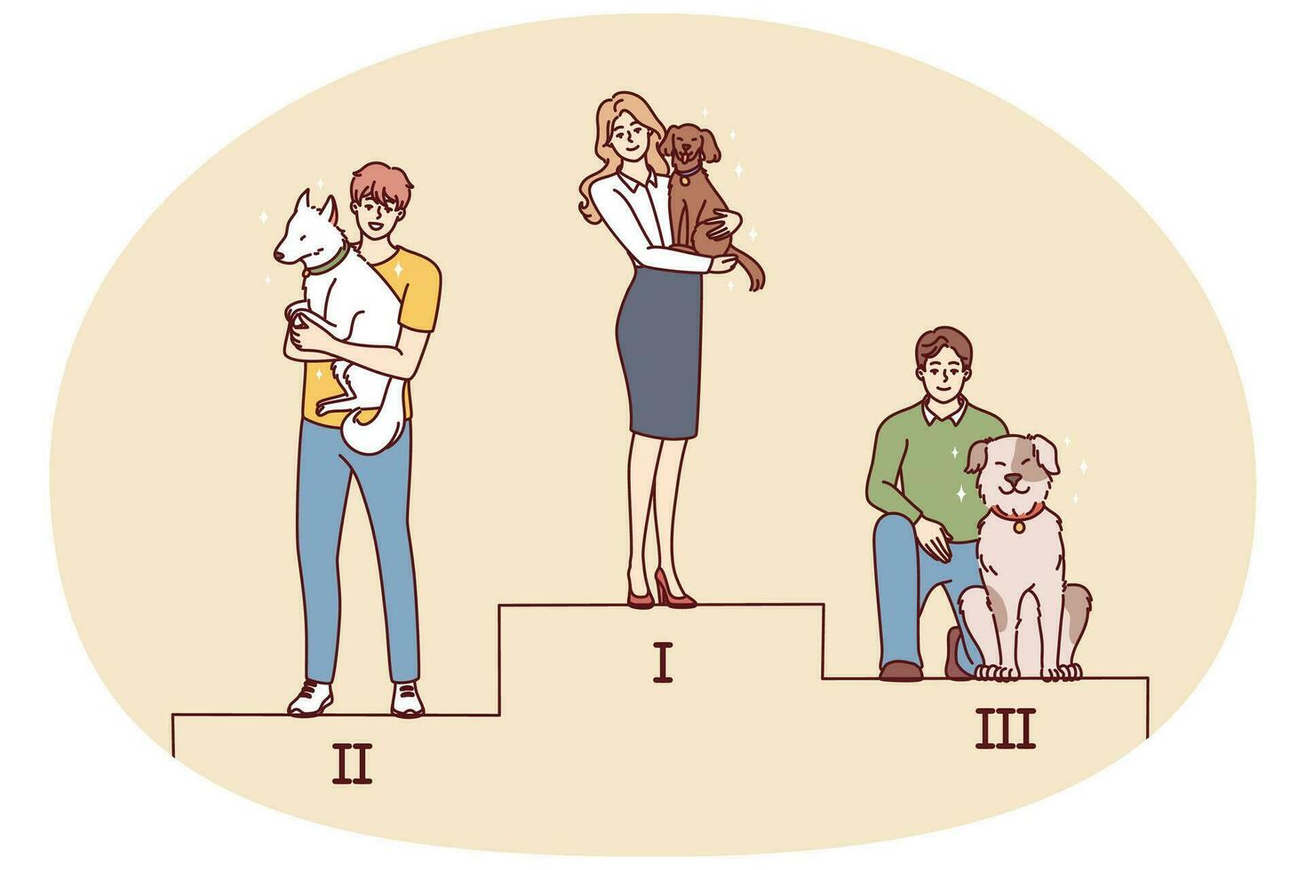 People with dogs standing on pedestal participate in competition. Pet owners with animals after contest taking places on stand. Vector illustration.